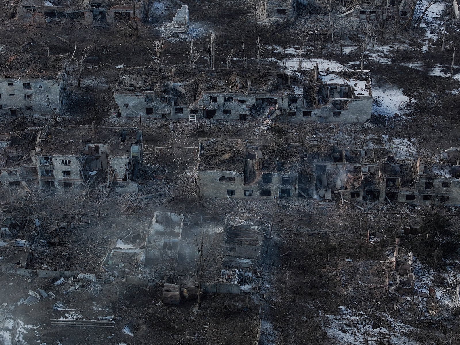 In this photo provided by Ukraine's 93rd Mechanized Brigade press service, an aerial view shows the partially occupied ruined town of Toretsk, the site of heavy battles with the Russian troops in the Donetsk region, Ukraine, Saturday, Feb. 22, 2025. (Iryna Rybakova/Ukraine's 93rd Mechanized Brigade via AP)