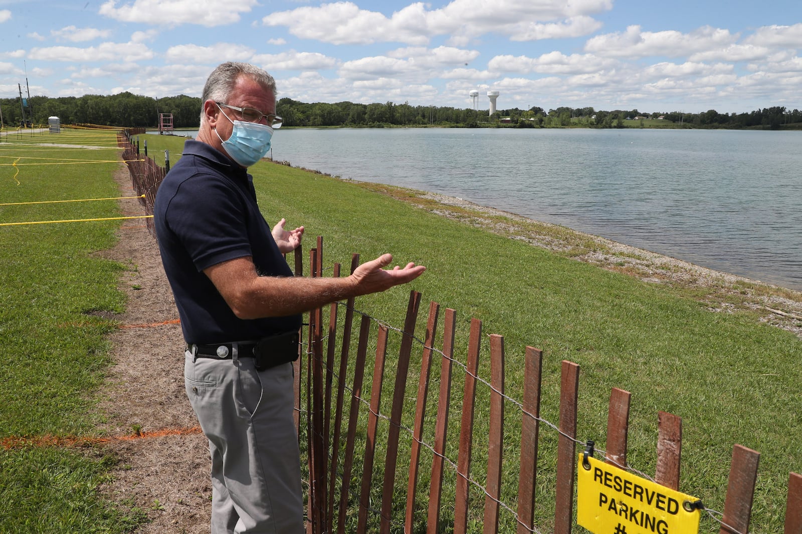 Dean Blair, executive director of the Clark County Fairgrounds, talks about the added COVID-19 safety measures that have been put in place for the Wake the Lake boat races this weekend. BILL LACKEY/STAFF