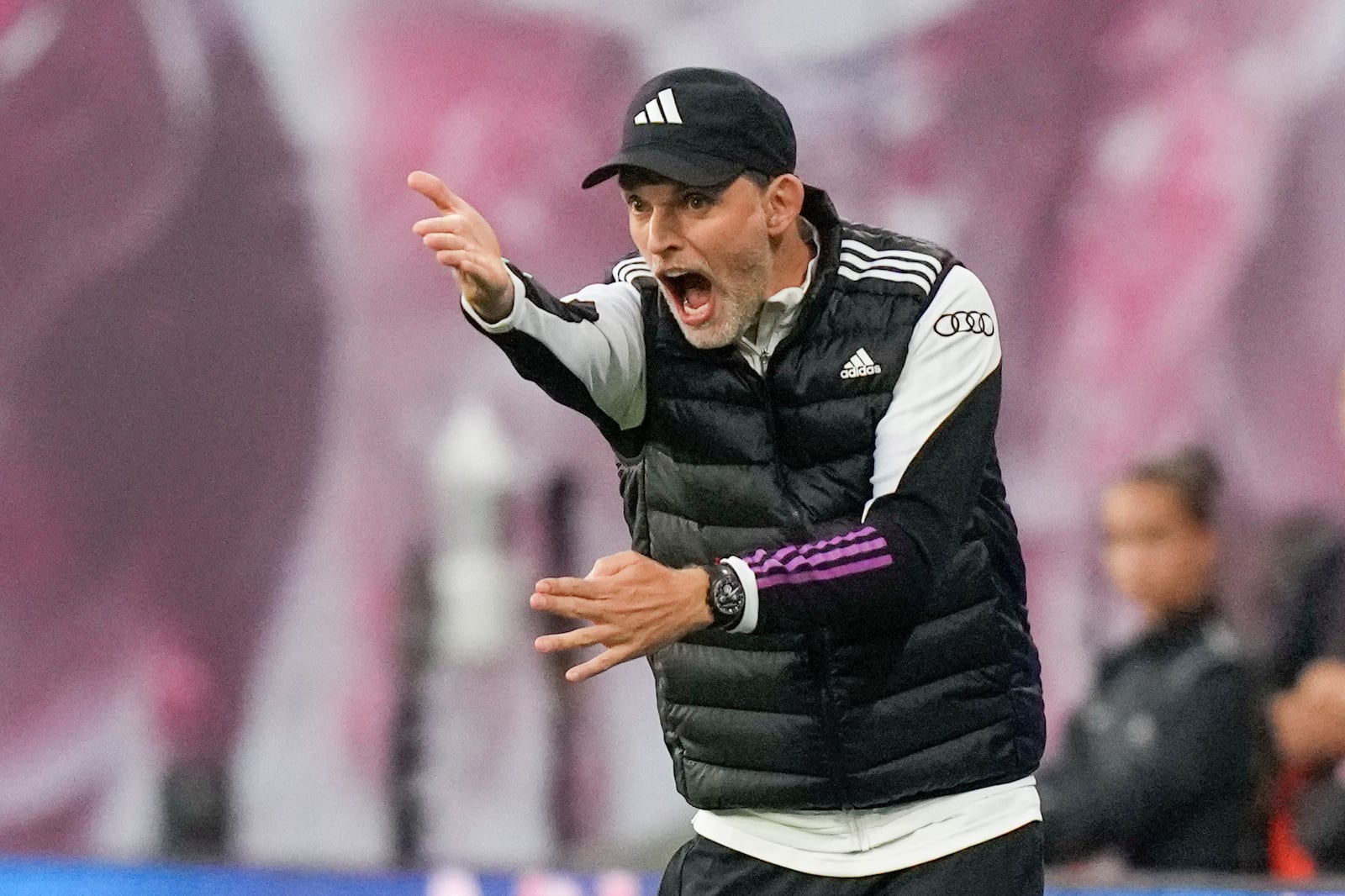 FILE - Bayern's head coach Thomas Tuchel reacts during the German Bundesliga soccer match between Leipzig and Bayern Munich, at the Red Bull Arena stadium in Leipzig, Germany, Saturday, Sept. 30, 2023. (AP Photo/Matthias Schrader, File)