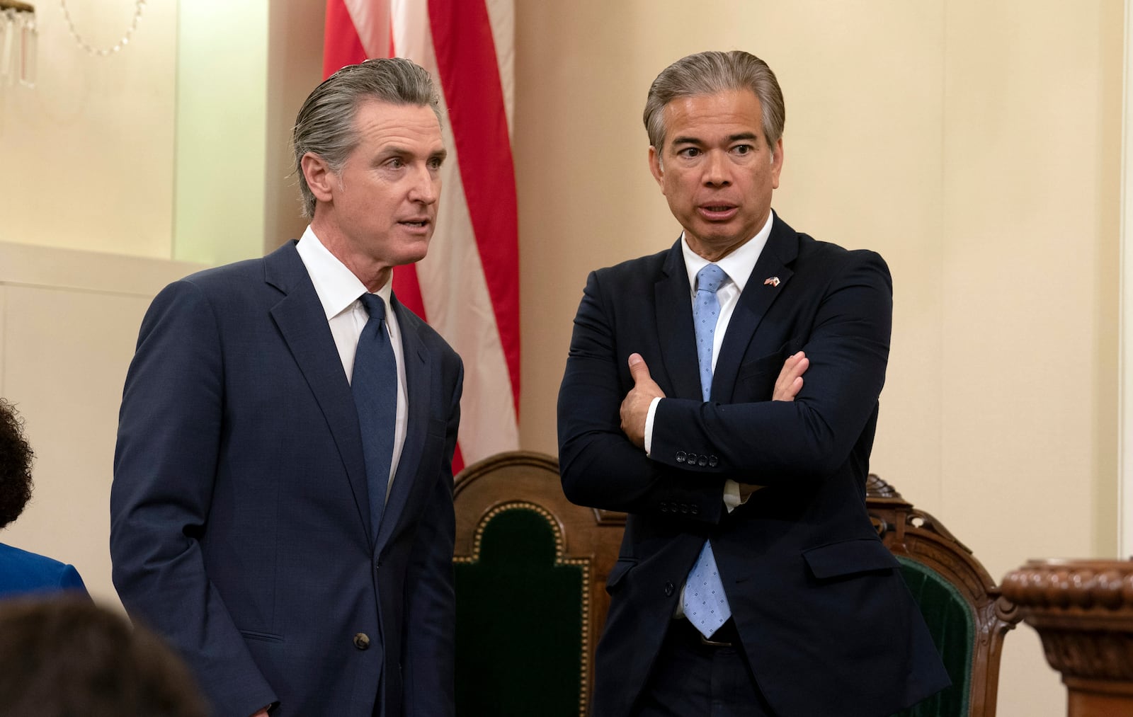 California Gov. Gavin Newsom, left, talks with California Attorney General Rob Bonta during the assembly's Organizational Session in Sacramento, Calif., Monday, Dec. 2, 2024. (AP Photo/Rich Pedroncelli, Pool)