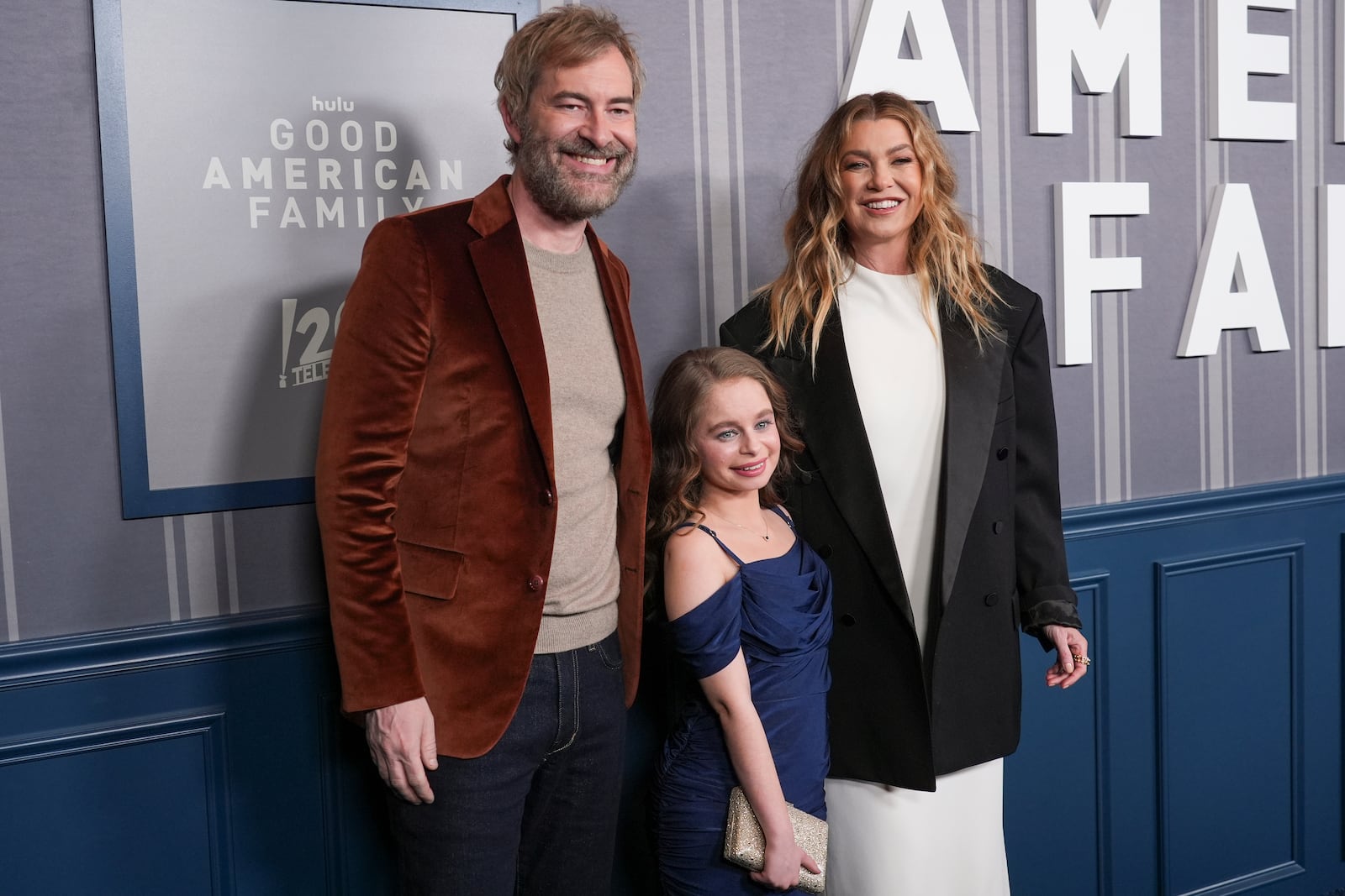 Mark Duplass, from left, Imogen Faith Reid, and Ellen Pompeo arrive at an FYC screening of "Good American Family" on Thursday, March 13, 2025, at DGA Theater Complex in Los Angeles. (AP Photo/Chris Pizzello)