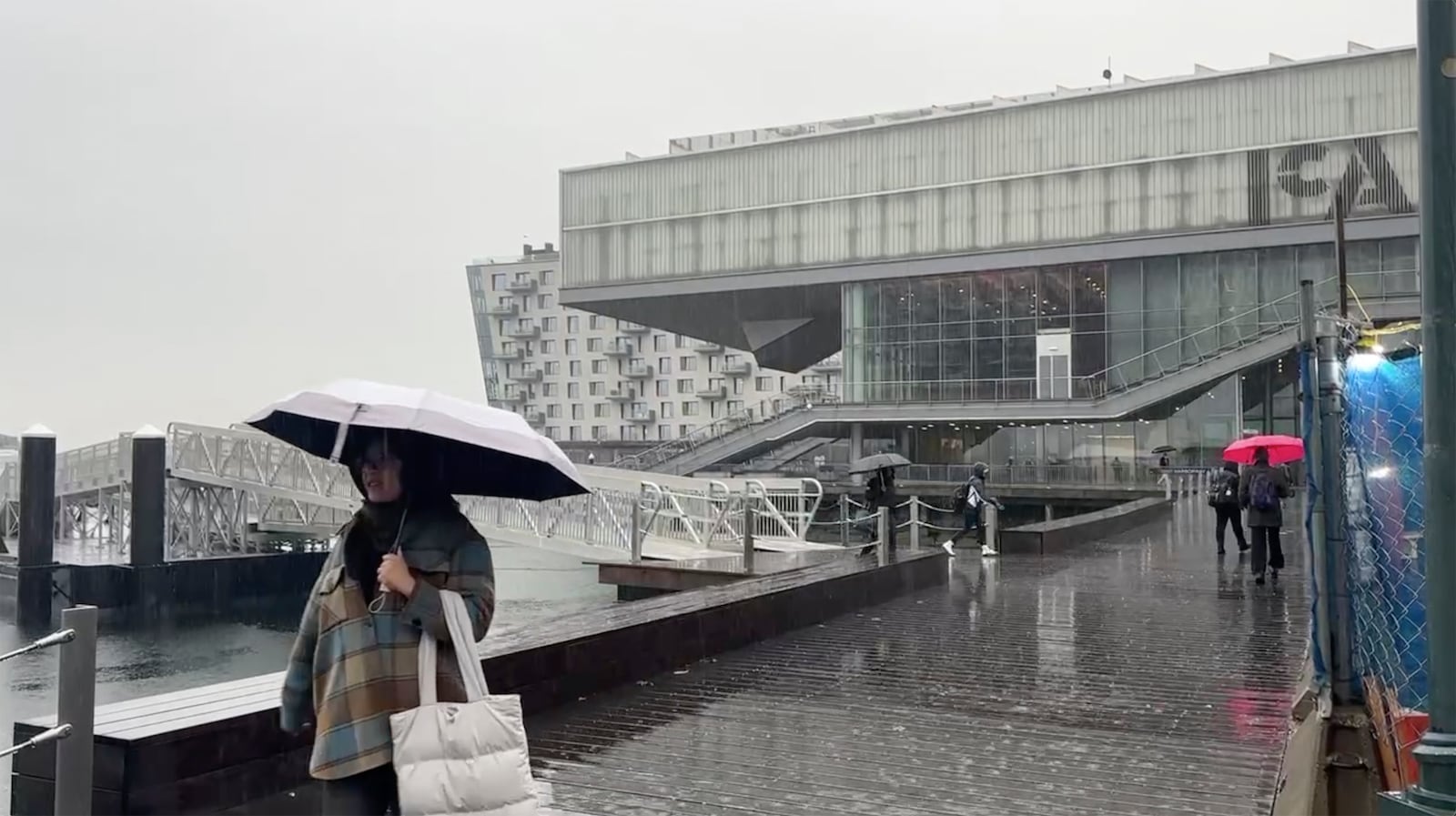 Passengers disembark from a ferry in a steady downpour of rain in Boston’s Seaport neighborhood on Wednesday Dec. 11, 2024. (AP Photo/Michael Casey)