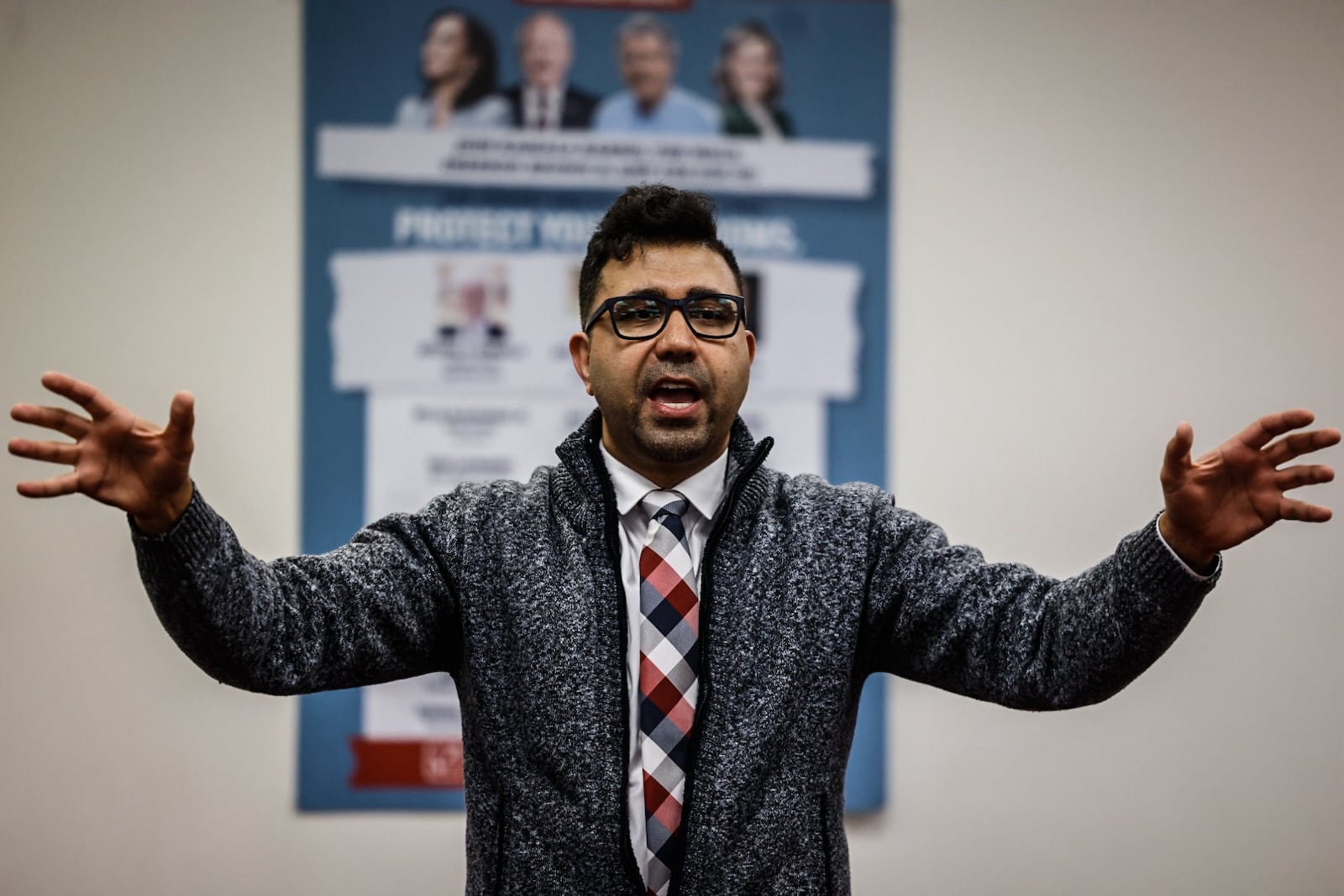 Montgomery County Democrat Chair Mohamed Al-Hamdani speaks at the election party at CSU in Dayton. Jim Noelker/Staff