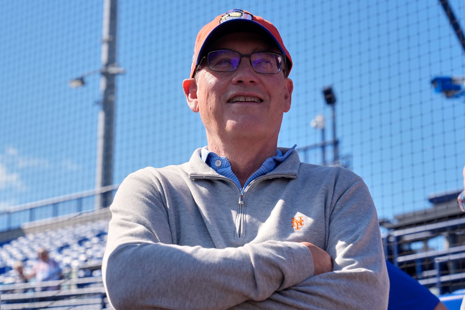 New York Mets owner Steve Cohen talks to the media during a spring training baseball practice Monday, Feb. 17, 2025, in Port St. Lucie, Fla. (AP Photo/Jeff Roberson)