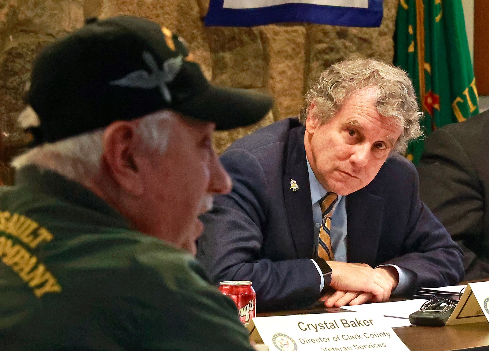 Sen. Sherrod Brown listens to veteran Steve Ratcliffe during a roundtable discussion between Sen. Brown and local veterans Wednesday, Jan. 11, 2023 at VFW Post 1031 in Springfield. BILL LACKEY/STAFF