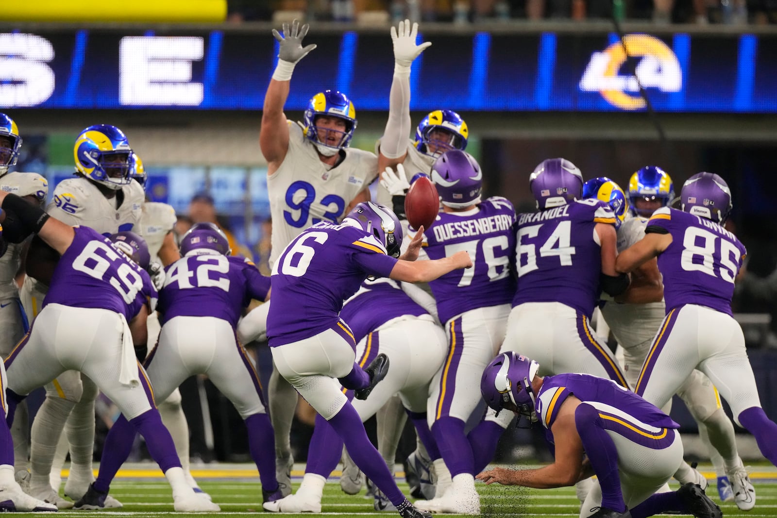 Minnesota Vikings place-kicker Will Reichard (16) boots a field goal during the second half of an NFL football game against the Los Angeles Rams, Thursday, Oct. 24, 2024, in Inglewood, Calif. (AP Photo/Mark J. Terrill)