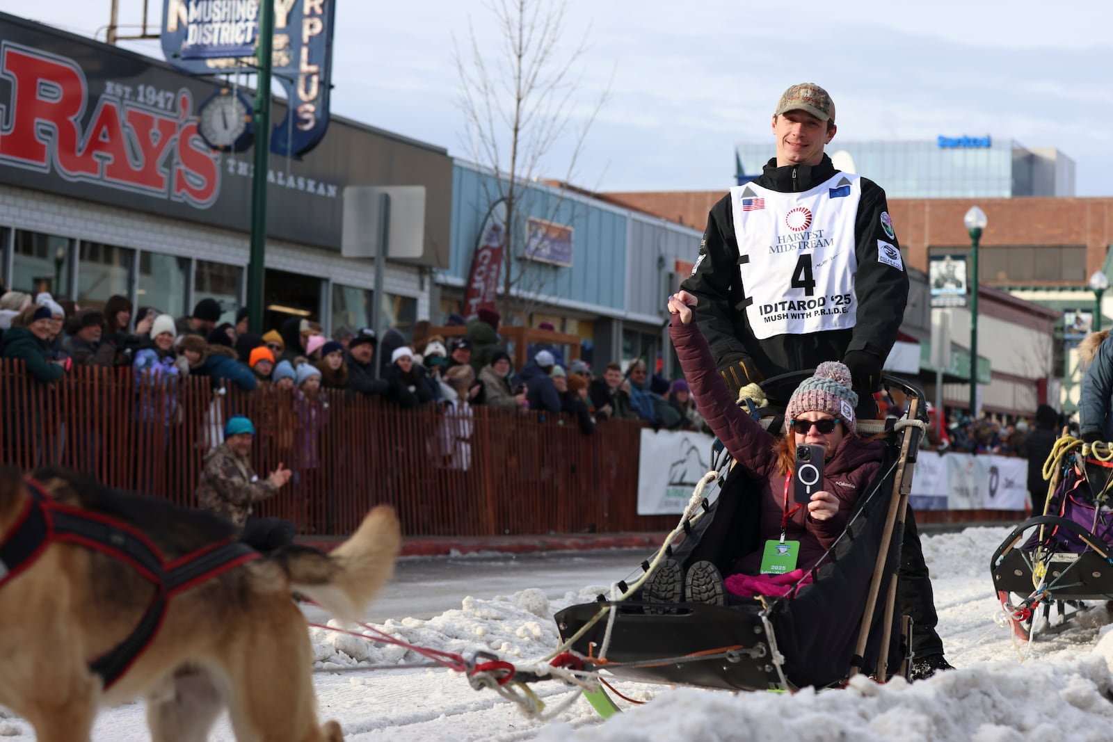 FILE - Matt Hall (4), of Two Rivers, Alaska, mushes down Fourth Street during the Ceremonial Start of the Iditarod Trail Sled Dog Race in Anchorage, Alaska., Saturday, March 1, 2025. (AP Photo/Amanda Loman, File)