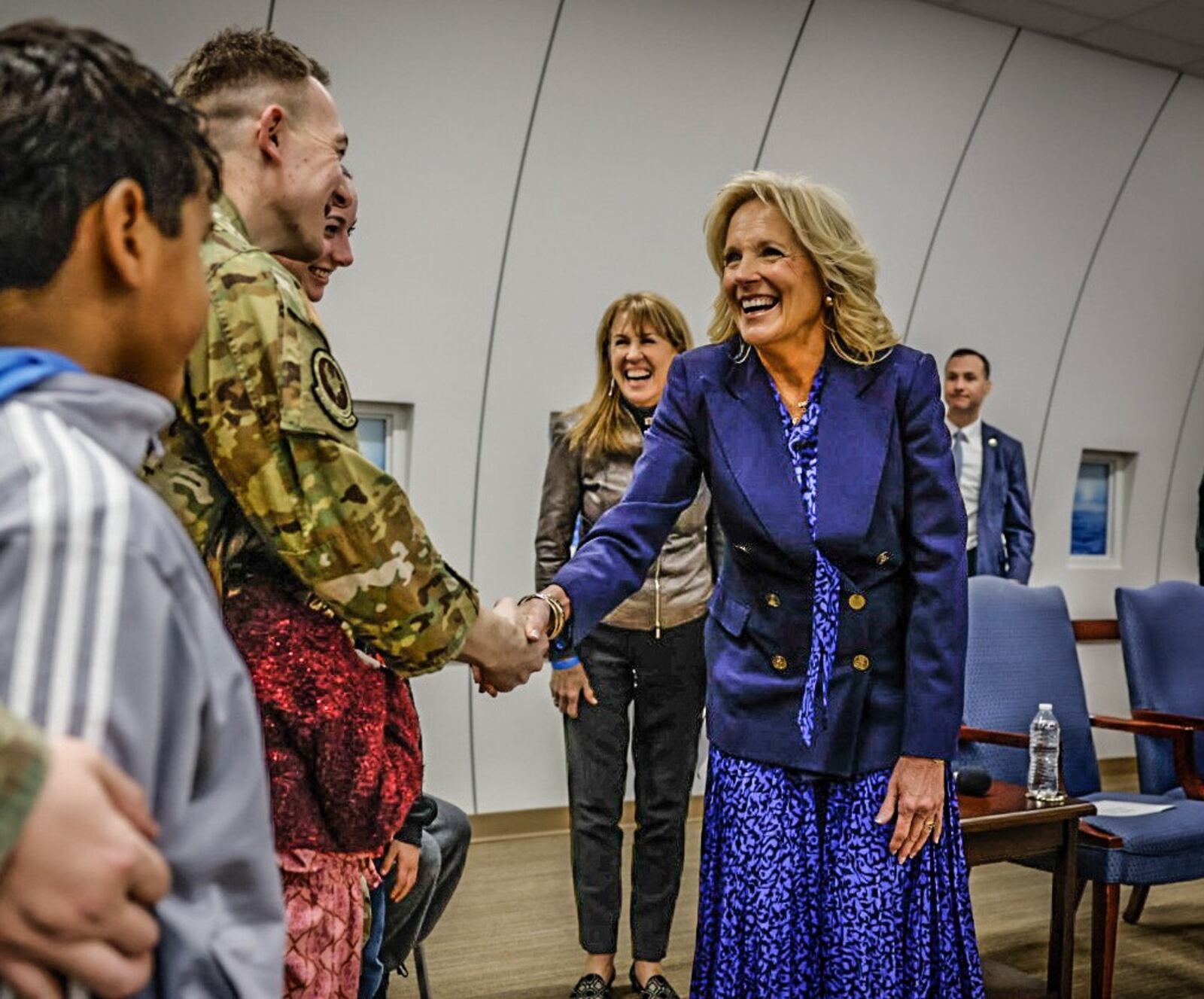 First lady Jill Biden greets military families at the National Museum of the United States Air Force on Wednesday, March 29, 2023, at Wright-Patterson Air Force Base. JIM NOELKER/STAFF