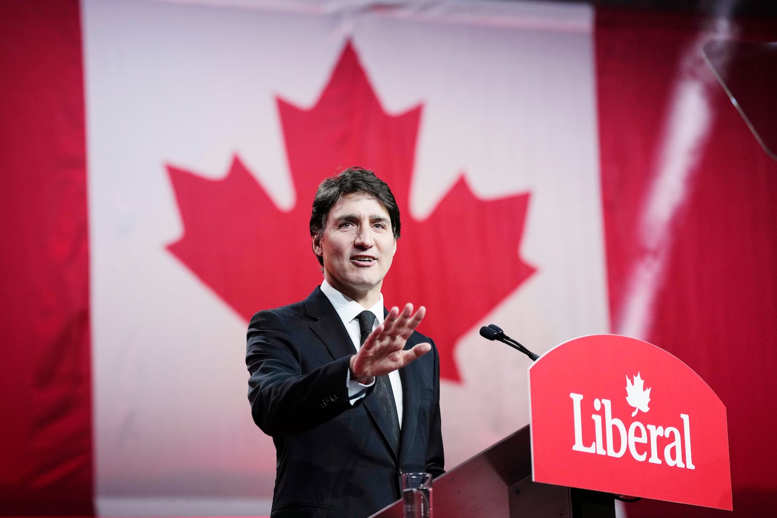 Canada's Prime Minister Justin Trudeau speaks at the Liberal leadership announcement in Ottawa, Ontario, Sunday, March 9, 2025. (Justin Tang/The Canadian Press via AP)