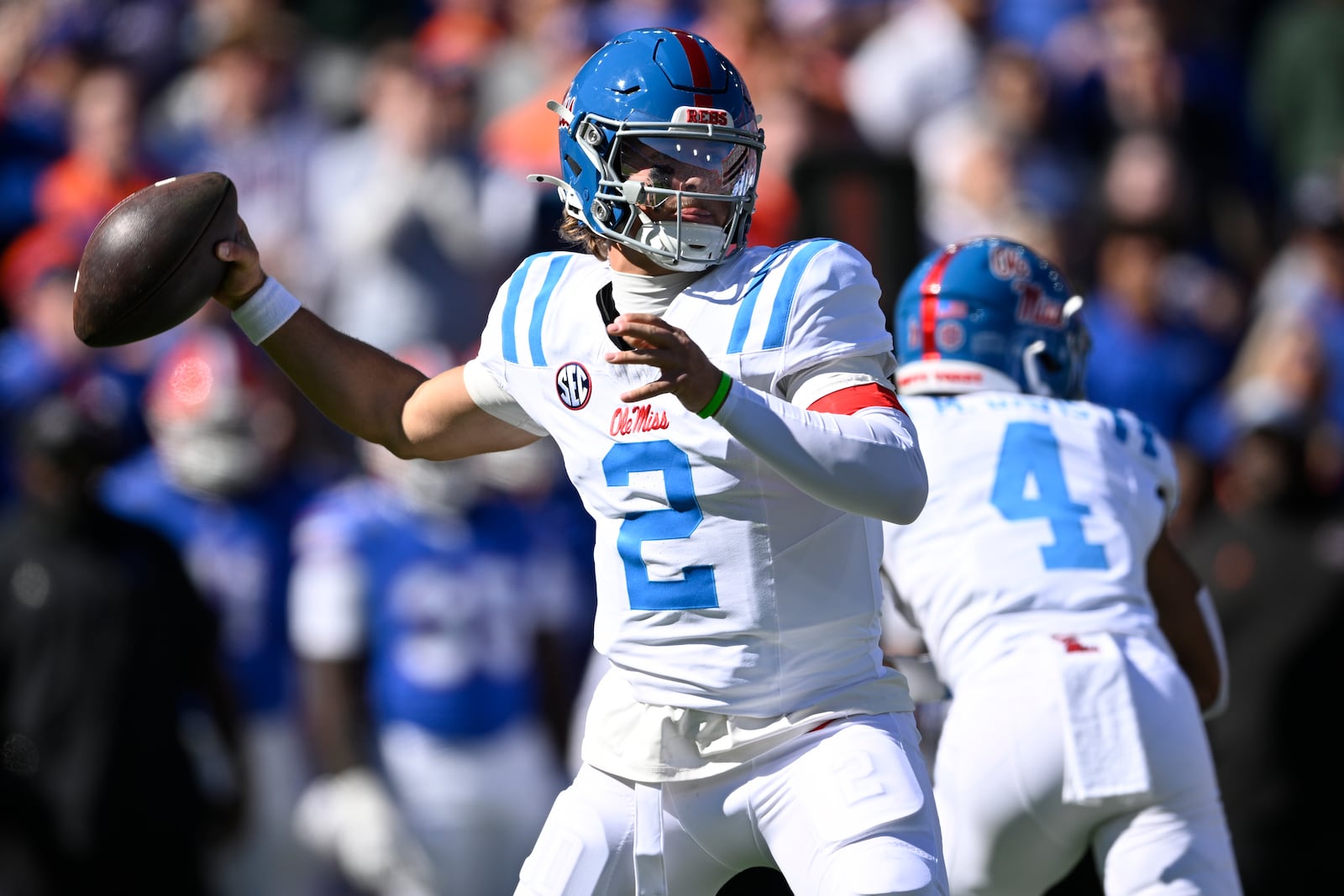 Mississippi quarterback Jaxson Dart (2) throws a pass against Florida during the first half of an NCAA college football game, Saturday, Nov. 23, 2024, in Gainesville, Fla. (AP Photo/Phelan M. Ebenhack)