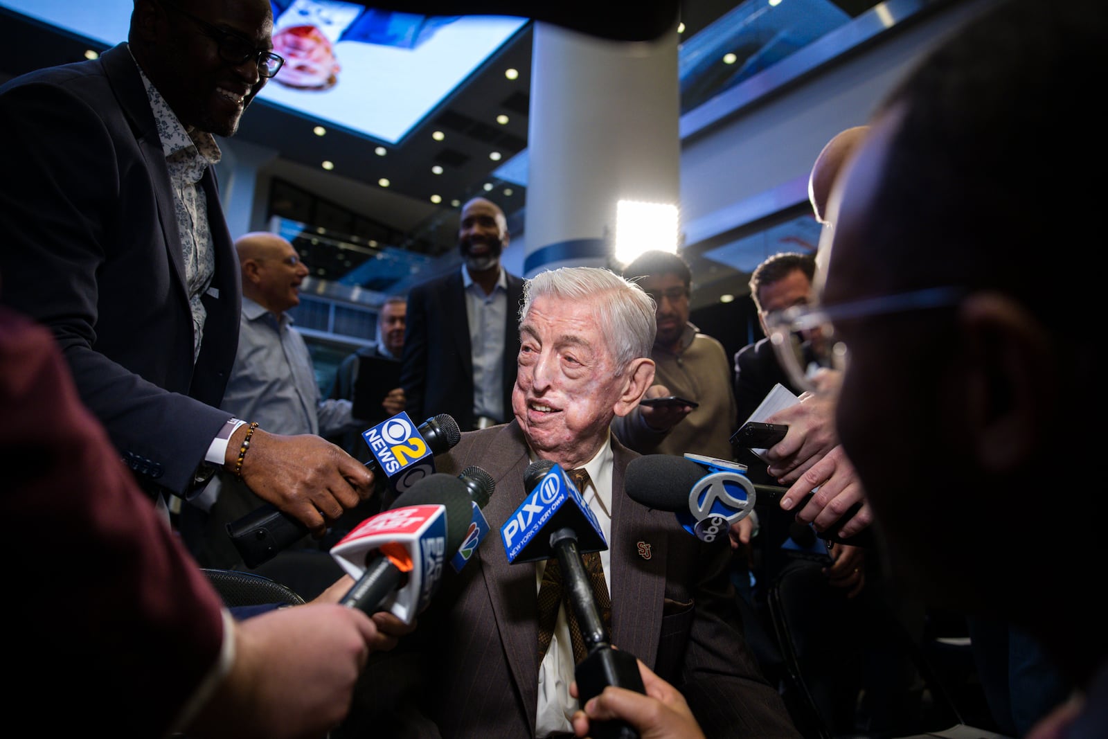 FILE - Former St. John's head coach Lou Carnesecca speaks to the media after Rick Pitino was introduced as St. John's new basketball coach during an NCAA college basketball news conference at Madison Square Garden in New York, on March 21, 2023. (AP Photo/Corey Sipkin, File)