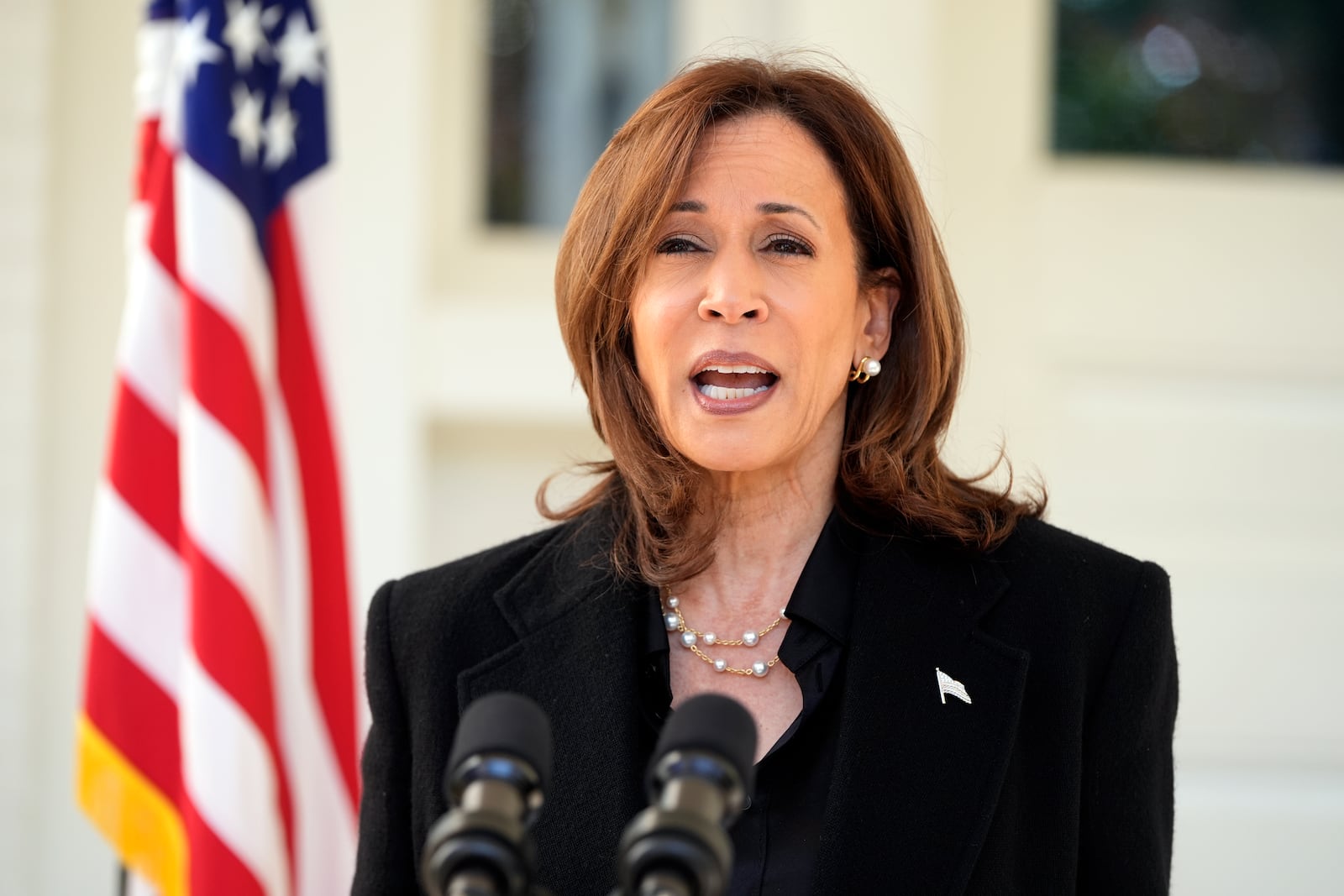 Democratic presidential nominee Vice President Kamala Harris speaks at the vice president's residence in Washington, Wednesday, Oct. 23, 2024. (AP Photo/Mark Schiefelbein)