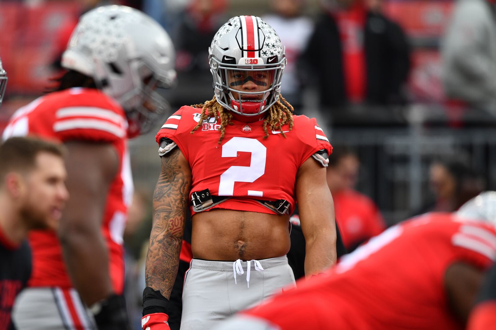 COLUMBUS, OH - NOVEMBER 23: Chase Young #2 of the Ohio State Buckeyes warms up before a game against the Penn State Nittany Lions at Ohio Stadium on November 23, 2019 in Columbus, Ohio. (Photo by Jamie Sabau/Getty Images)