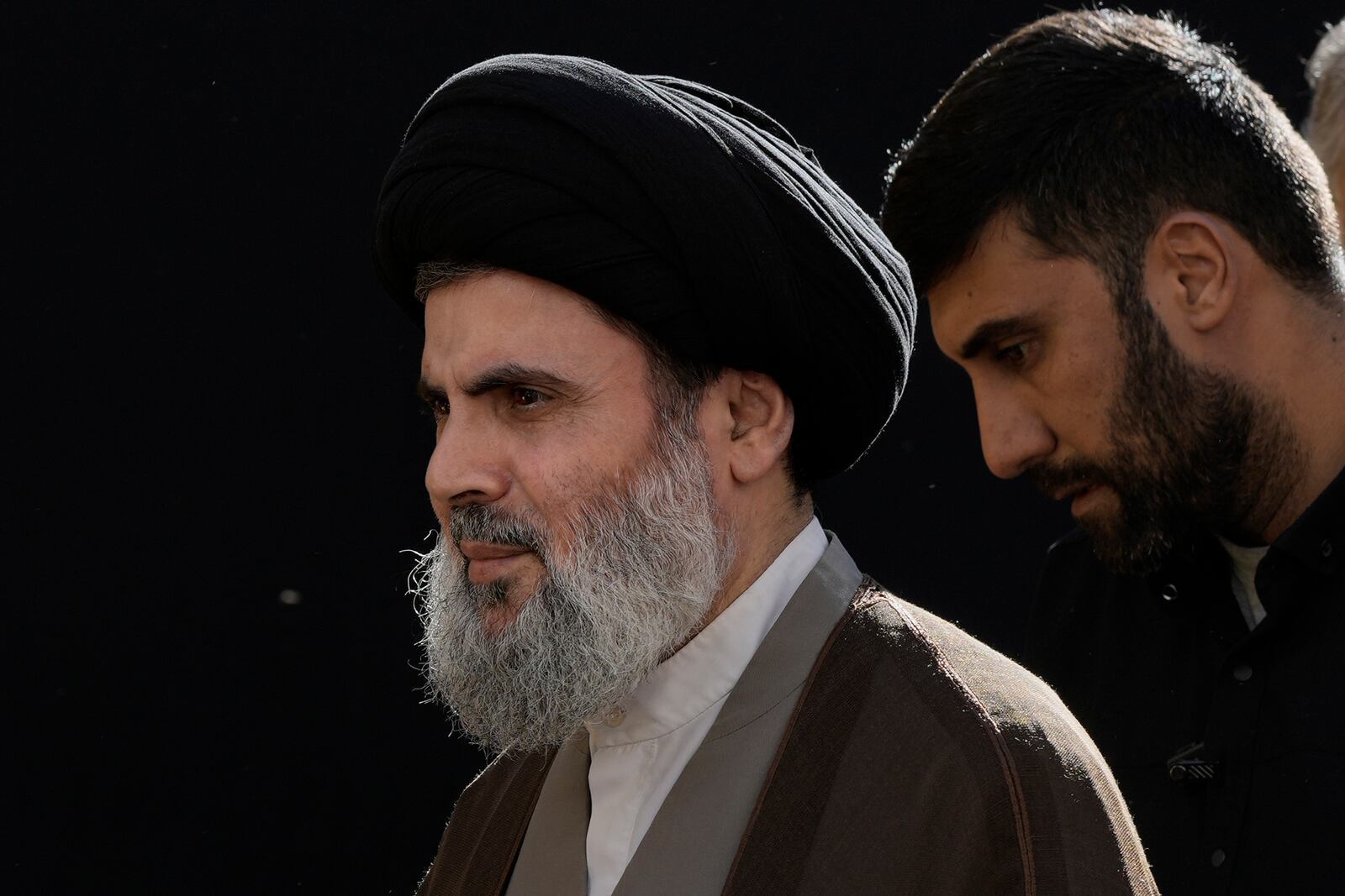 Senior Hezbollah leader Hashem Safieddine attends a funeral in Dahiyeh, Beirut, Lebanon, Wednesday, Sept. 18, 2024. (AP Photo/Bilal Hussein)