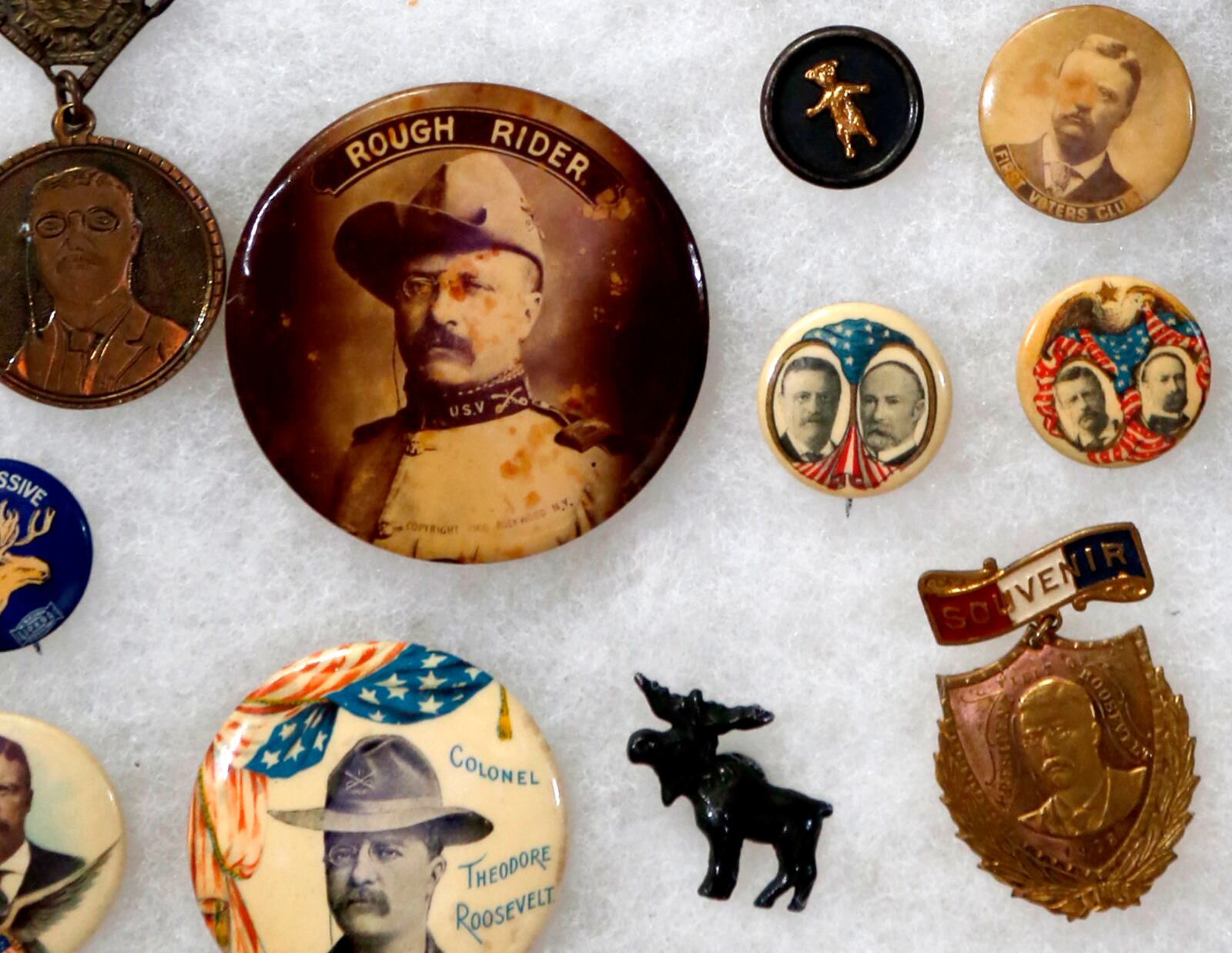 Campaign buttons featuring Teddy Roosevelt from various campaigns are part of a collection of presidential memorabilia owned by Steve Davis of Dayton. LISA POWELL / STAFF