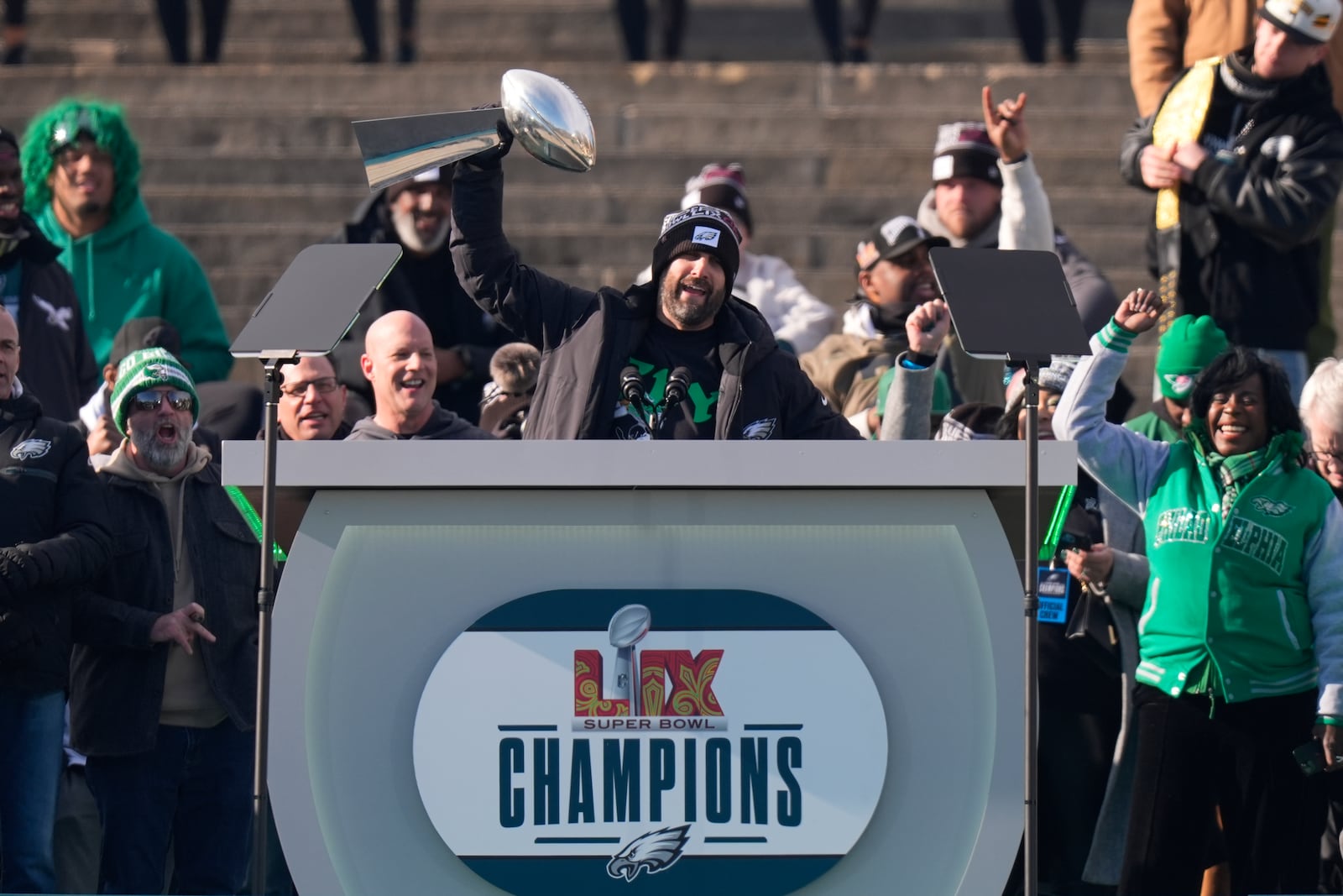 Philadelphia Eagles coach Nick Sirianni holds up the Lombardi trophy as he speaks during the team's NFL football Super Bowl 59 parade and celebration, Friday, Feb. 14, 2025, in Philadelphia. (AP Photo/Chris Szagola)