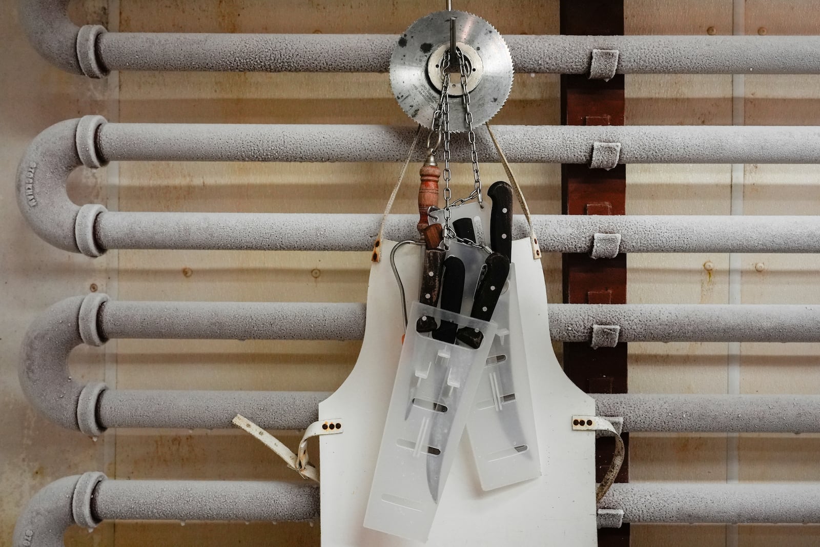 Knifes hang in the meat locker of J.T. Jobbagy Inc. in the Meatpacking District of Manhattan, Tuesday, Nov. 19, 2024, in New York. (AP Photo/Julia Demaree Nikhinson)