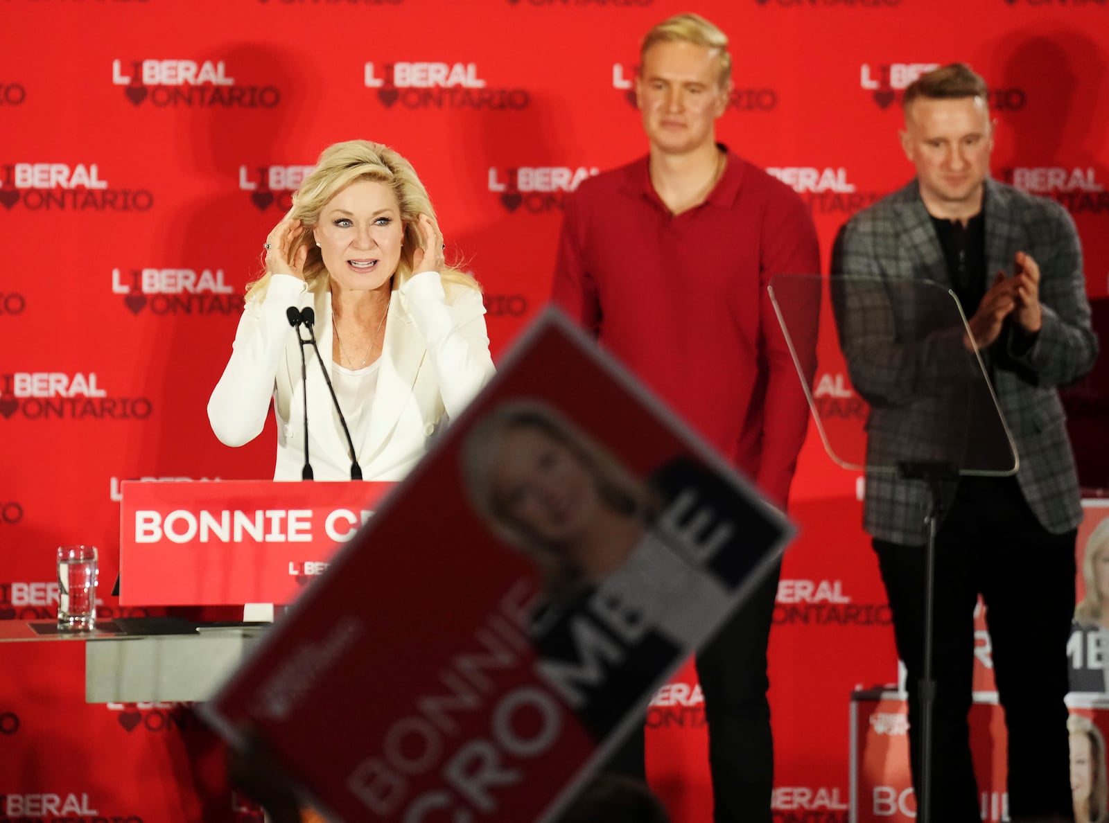 Ontario Liberal Leader Bonnie Crombie addresses her supporters at her campaign headquarters in Mississauga, Ontario, Thursday, Feb. 27, 2025. (Nathan Denette/The Canadian Press via AP)