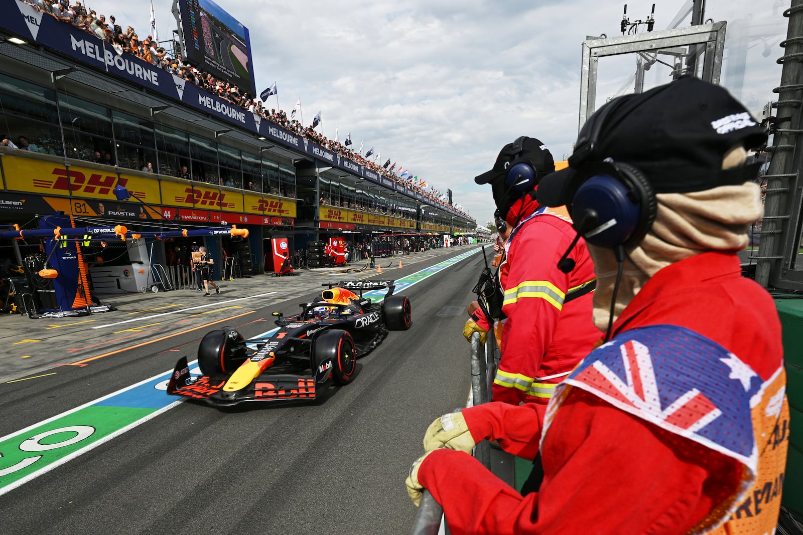 Red Bull driver Max Verstappen of the Netherlands steers his car down pit lane during qualifying the Australian Formula One Grand Prix at Albert Park, in Melbourne, Australia, Saturday, March 15, 2025. (Tracey Nearmy/Pool Photo via AP)