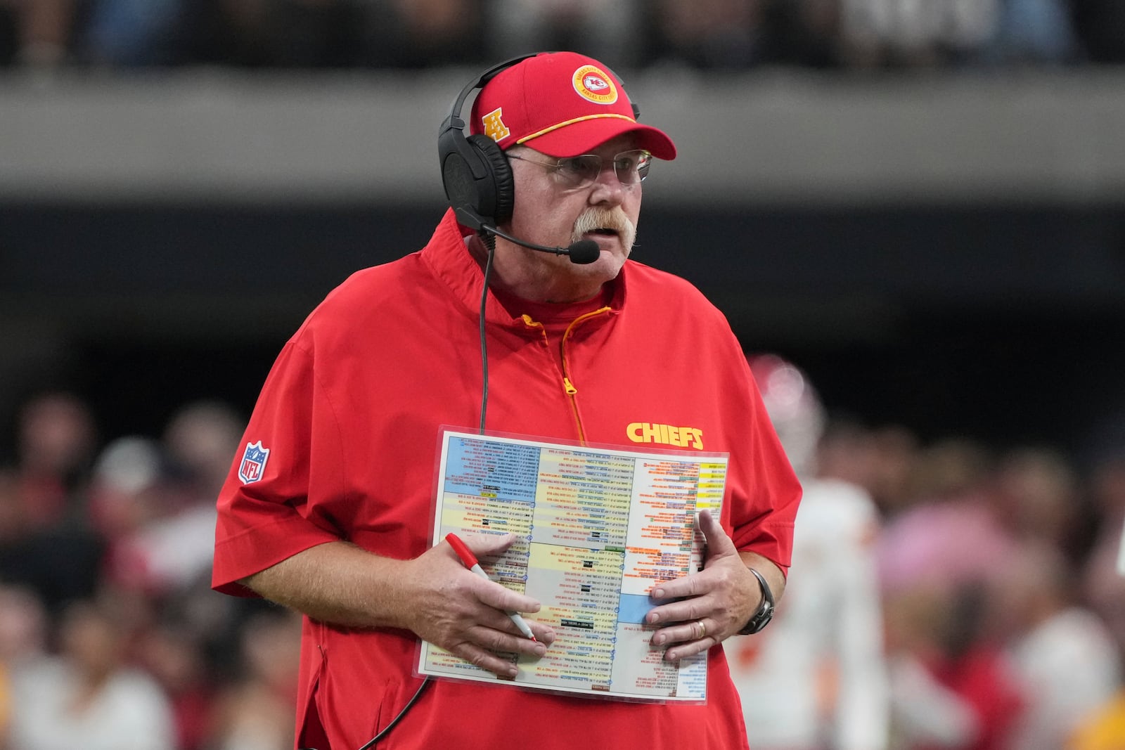 Kansas City Chiefs head coach Andy Reid watches from the sidelines during the first half of an NFL football game against the Las Vegas Raiders Sunday, Oct. 27, 2024, in Las Vegas. (AP Photo/Rick Scuteri)