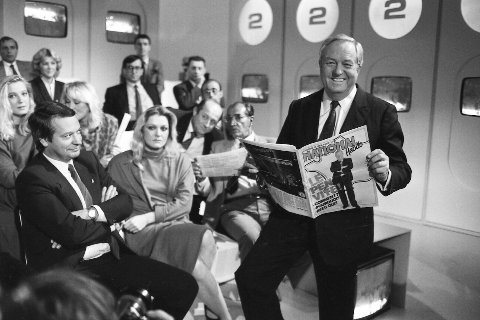 FILE - Jean Marie Le Pen and his daughters Marine Le Pen, Yann Le Pen and Marie-Caroline Le Pen, in the studio for the filming of L'Heure de Vérité on Oct. 16, 1985 in Paris, France. (AP Photo/Herve Merliac, File)