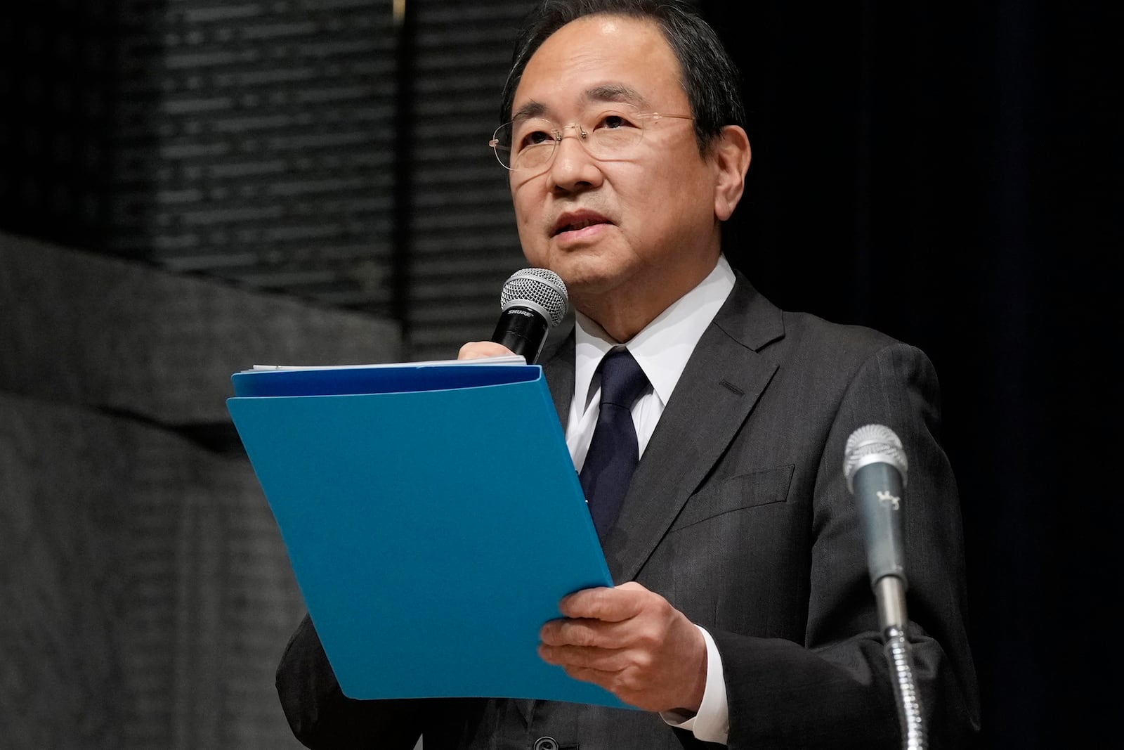 Kenji Shimizu, newly-appointed president and CEO of Fuji Television Network, speaks during a news conference at the Fuji Television headquarters in Tokyo, Monday, Jan. 27, 2025. (AP Photo/Eugene Hoshiko)