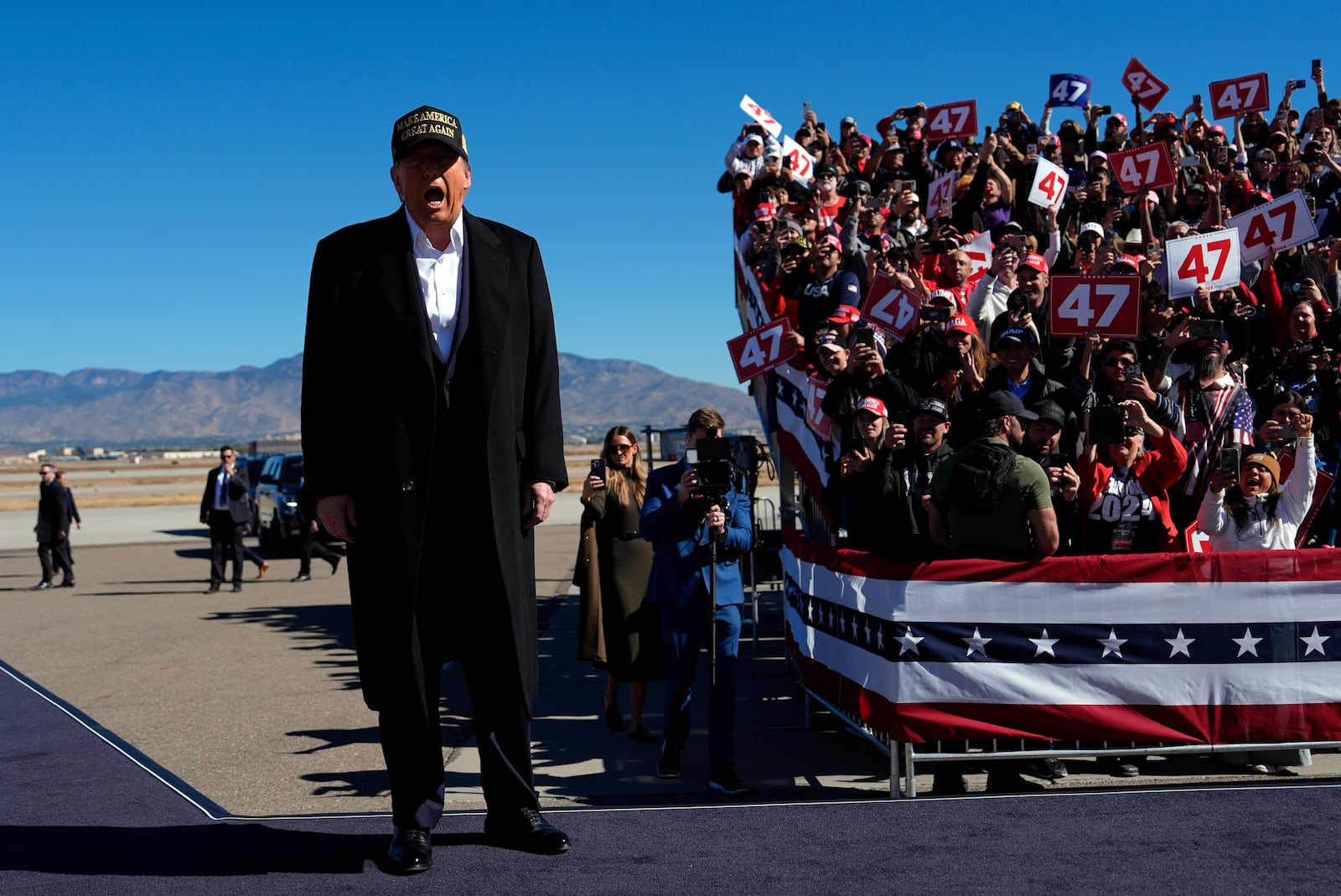 Republican presidential nominee former President Donald Trump arrives at a campaign rally at Albuquerque International Sunport, Thursday, Oct. 31, 2024, in Albuquerque, N.M. (AP Photo/Julia Demaree Nikhinson)