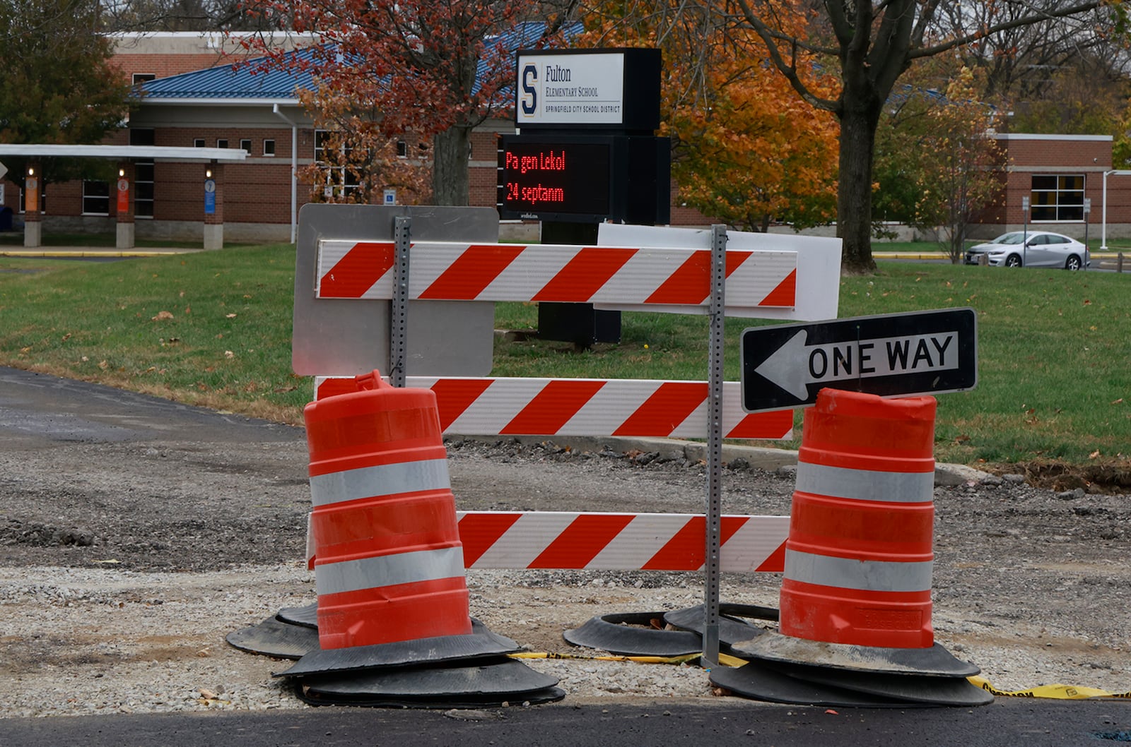 The Yellow Springs Street entrance to Fulton Elementary School is blocked due to construction Thursday, Oct. 31, 2024. BILL LACKEY/STAFF