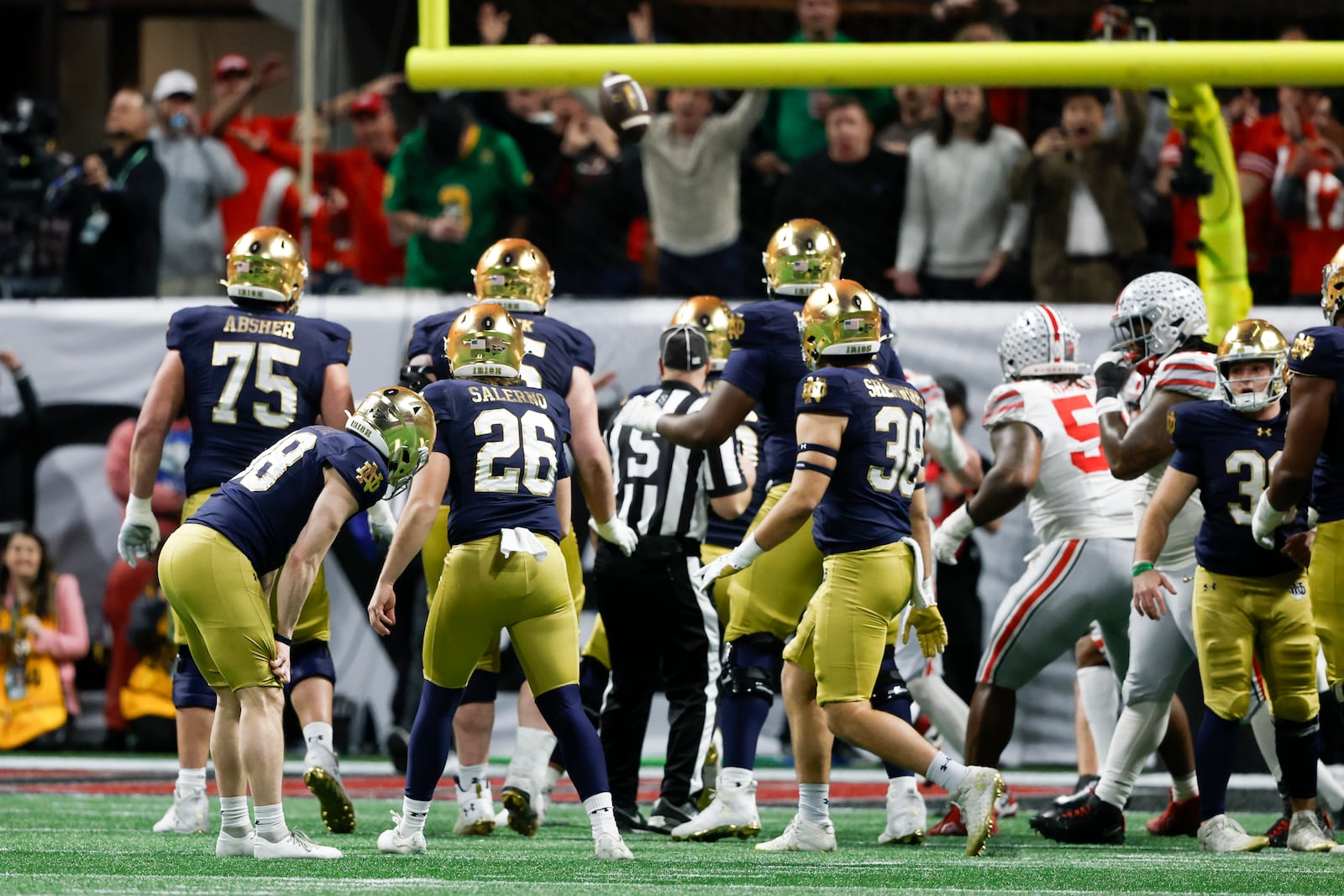 Notre Dame place kicker Mitch Jeter reacts after missing a field goal against Ohio State during second half of the College Football Playoff national championship game Monday, Jan. 20, 2025, in Atlanta. (AP Photo/Butch Dill)