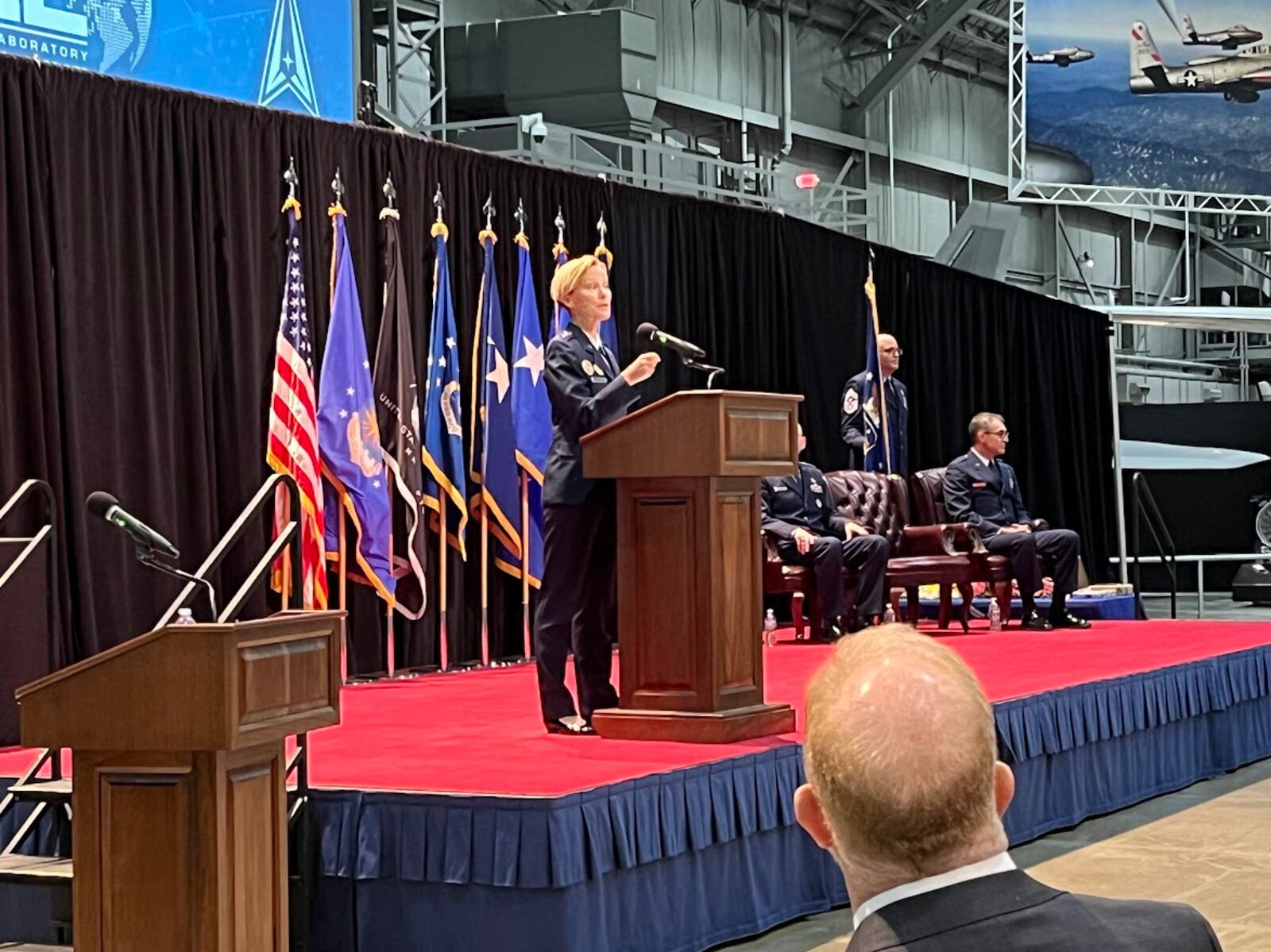 Maj. Gen. Heather Pringle gestures during her address Monday at the Air Force Research Laboratory change of command ceremony at the National Museum of the U.S. Air Force. THOMAS GNAU/STAFF