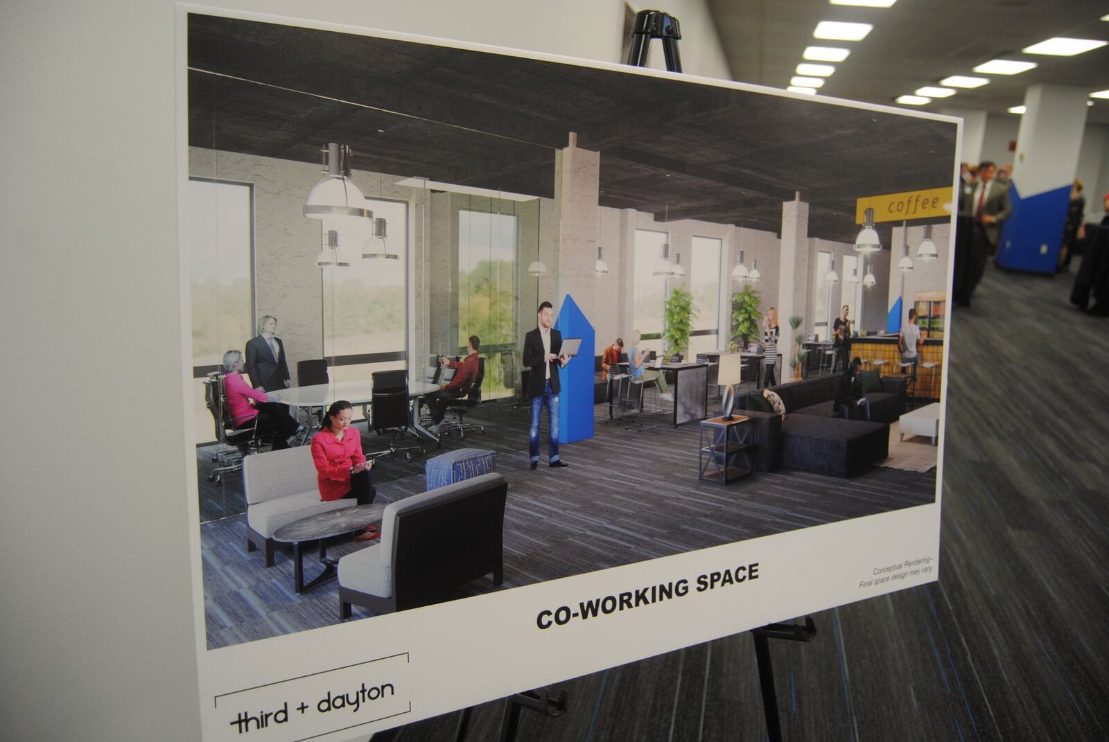 This is one of several images that were on display at the former Ohio Casualty complex, now rebranded as Third + Dayton, of what the building’s work spaces and common areas can look like. ERIC SCHWARTZBERG/STAFF