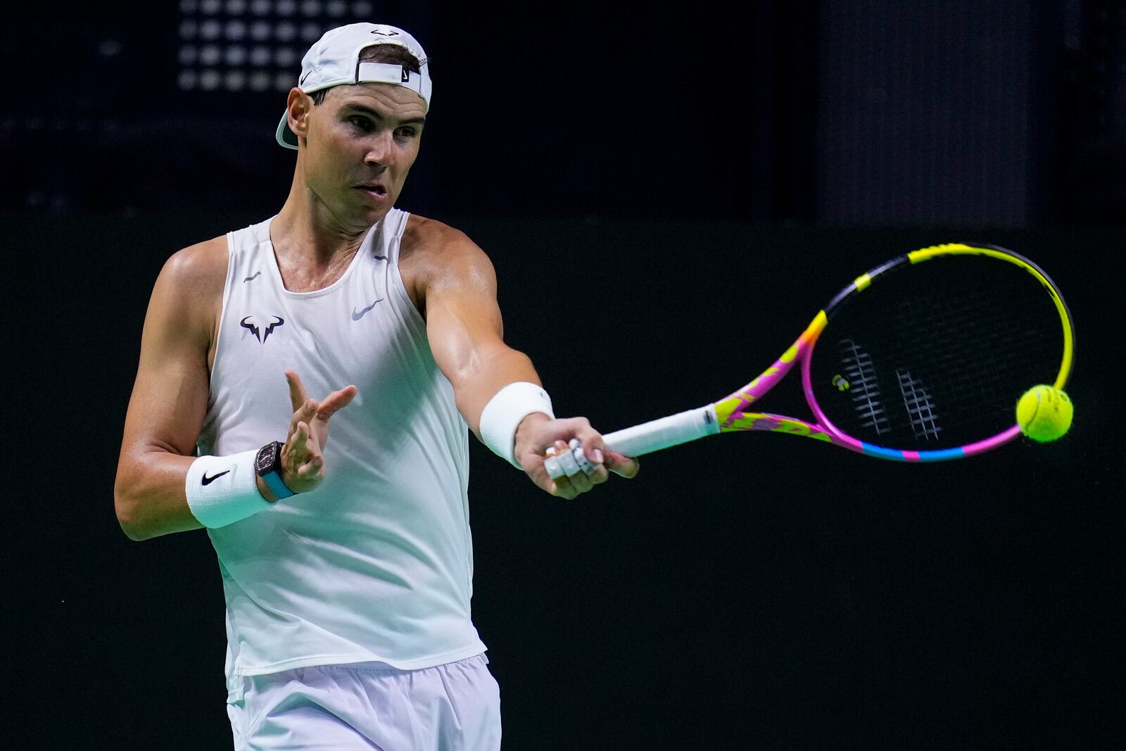 Spain's tennis player Rafael Nadal takes part in a training session at the Martin Carpena Sports Hall, in Malaga, southern Spain, on Friday, Nov. 15, 2024. (AP Photo/Manu Fernandez)