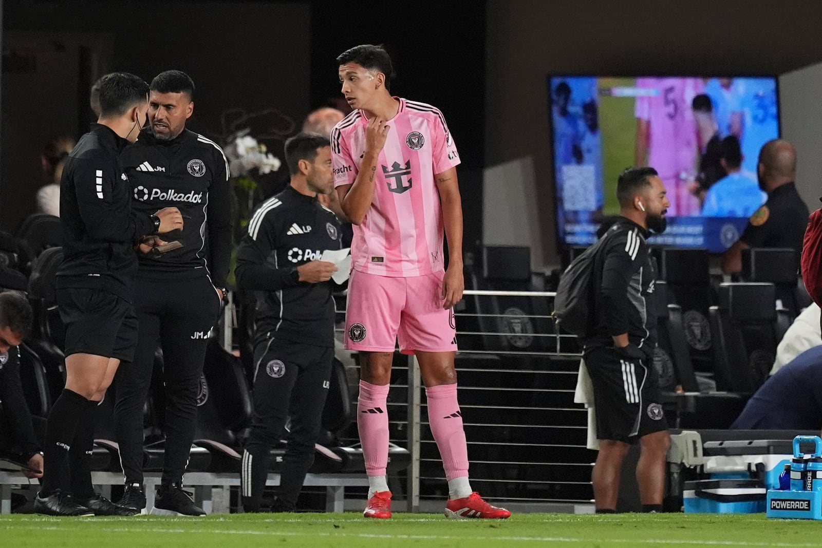 Inter Miami midfielder Tomas Aviles (6) leaves the game after being shown a red card during the first half of an MLS soccer match against New York City FC, Saturday, Feb. 22, 2025, in Fort Lauderdale, Fla. (AP Photo/Rebecca Blackwell)