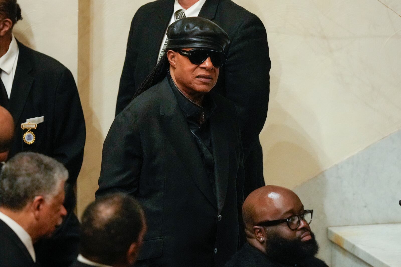 Stevie Wonder attends a ceremony in celebration of Roberta Flack's life at The Abyssinian Baptist Church on Monday, March 10, 2025, in New York. (AP Photo/Richard Drew)