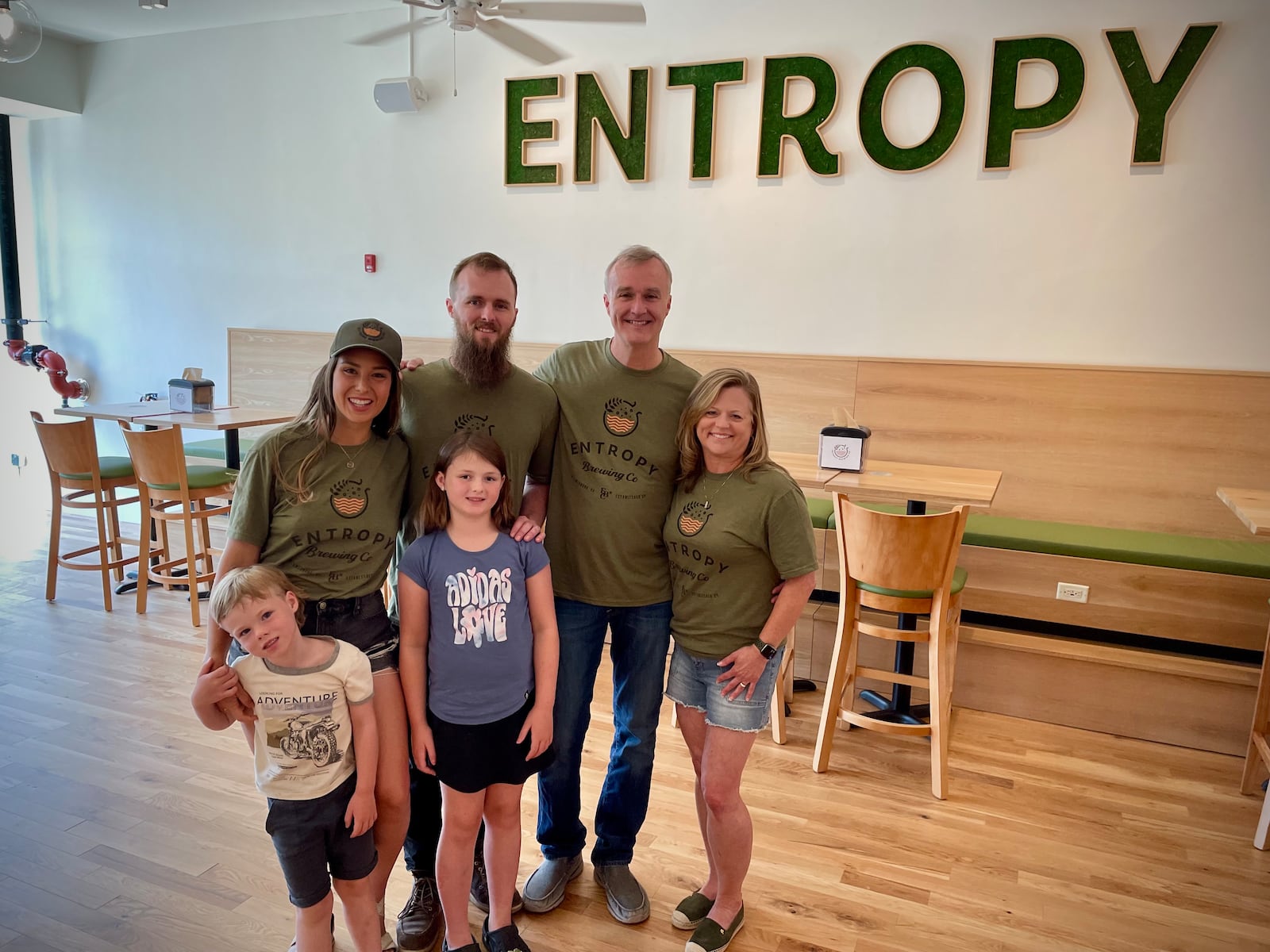 Entropy Brewing Co., a brewpub in Miamisburg featuring an indoor playground, outdoor patio and a speakeasy, is opening to the public Wednesday, July 3. Pictured (left to right) is Brianna, Jordan, Eric and Kim Joo, as well as Brianna and Jordan's children, Henry and Riley. NATALIE JONES/STAFF