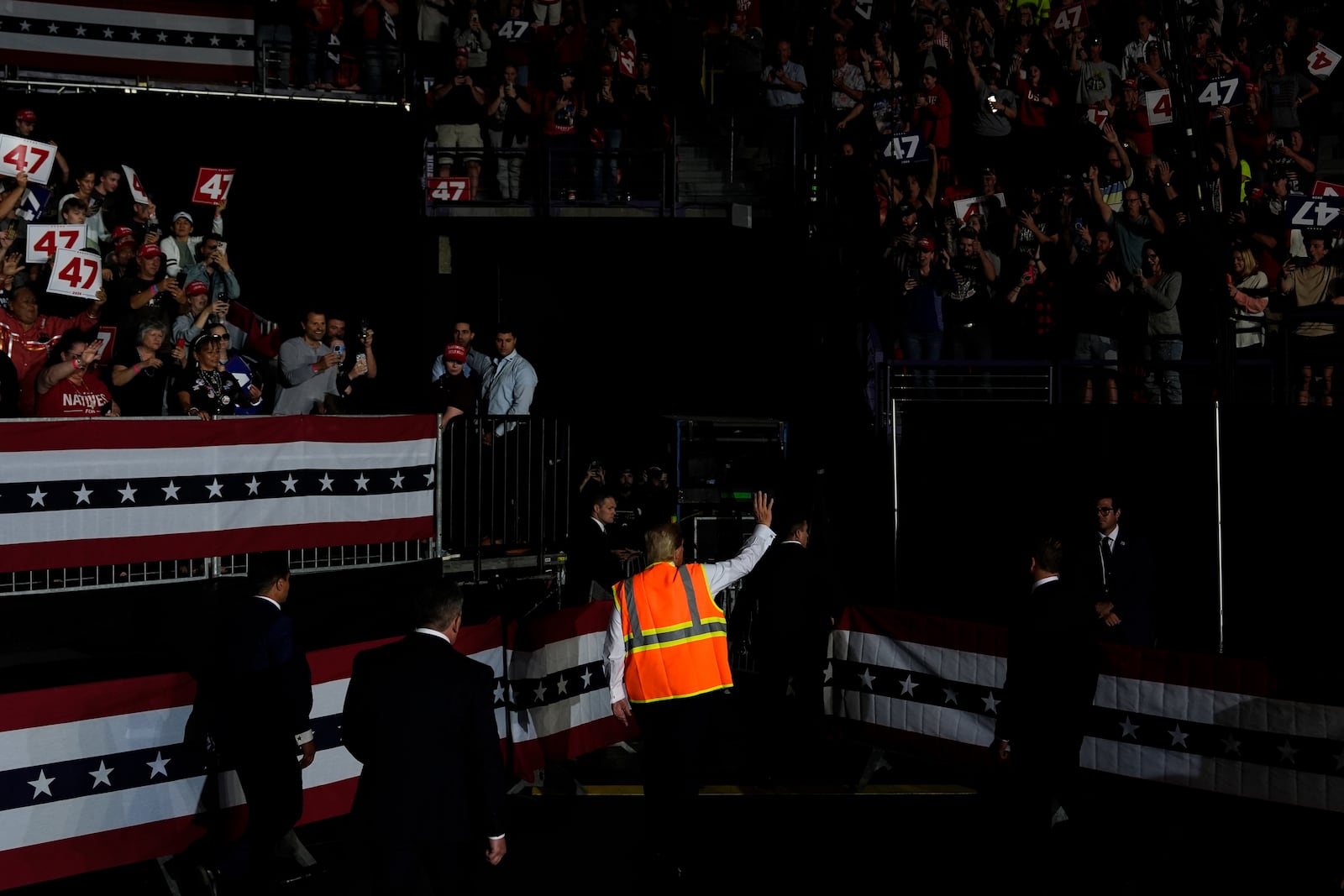 Republican presidential nominee former President Donald Trump departs after speaking at a campaign rally at Resch Center, Wednesday, Oct. 30, 2024, in Green Bay, Wis. (AP Photo/Julia Demaree Nikhinson)