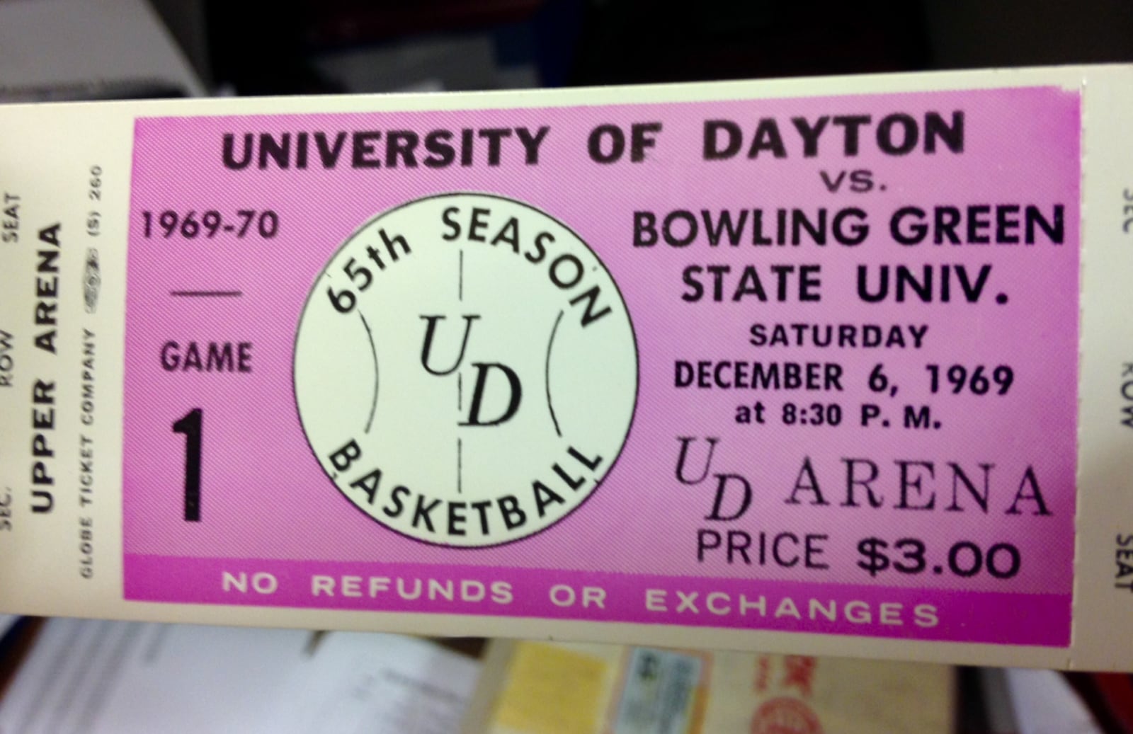 PHOTOS FROM THE BOOK: The Epicenter of College Basketball: A History of UD Arena — A ticket to the first game at UD Arena against Bowling Green on Dec. 6, 1969. Dayton Daily News photo