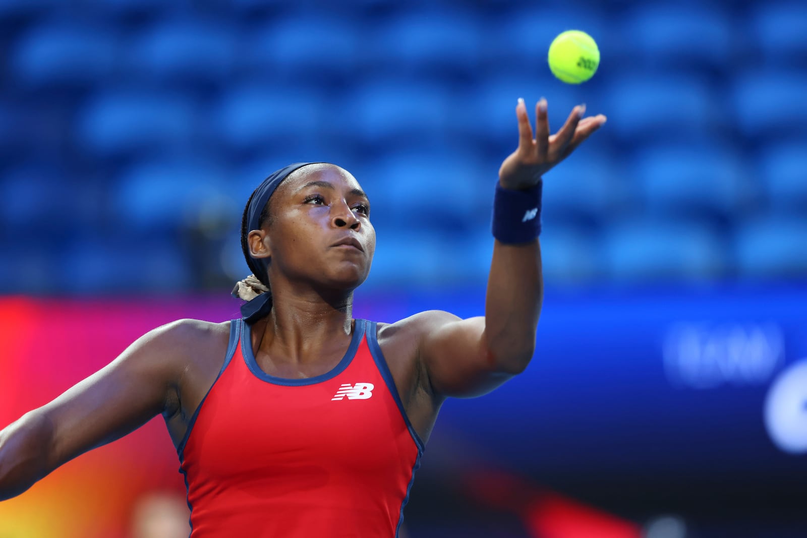 Coco Gauff of the United States serves to Shuai Zhang of China during their United Cup tennis match in Perth, Australia, Wednesday, Jan. 1, 2025. (AP Photo/Trevor Collens)