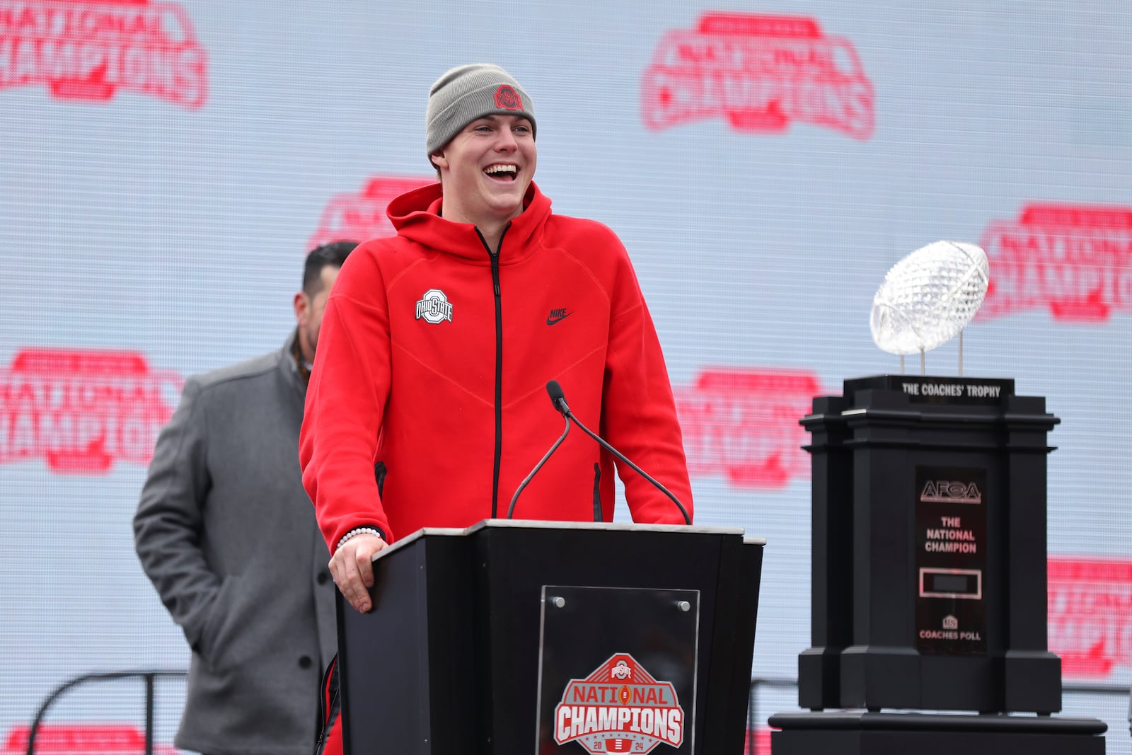 Ohio State quarterback Will Howard gives a speech during the National Championship football celebration at Ohio Stadium in Columbus, Ohio, Sunday, Jan. 26, 2025. (AP Photo/Joe Maiorana)