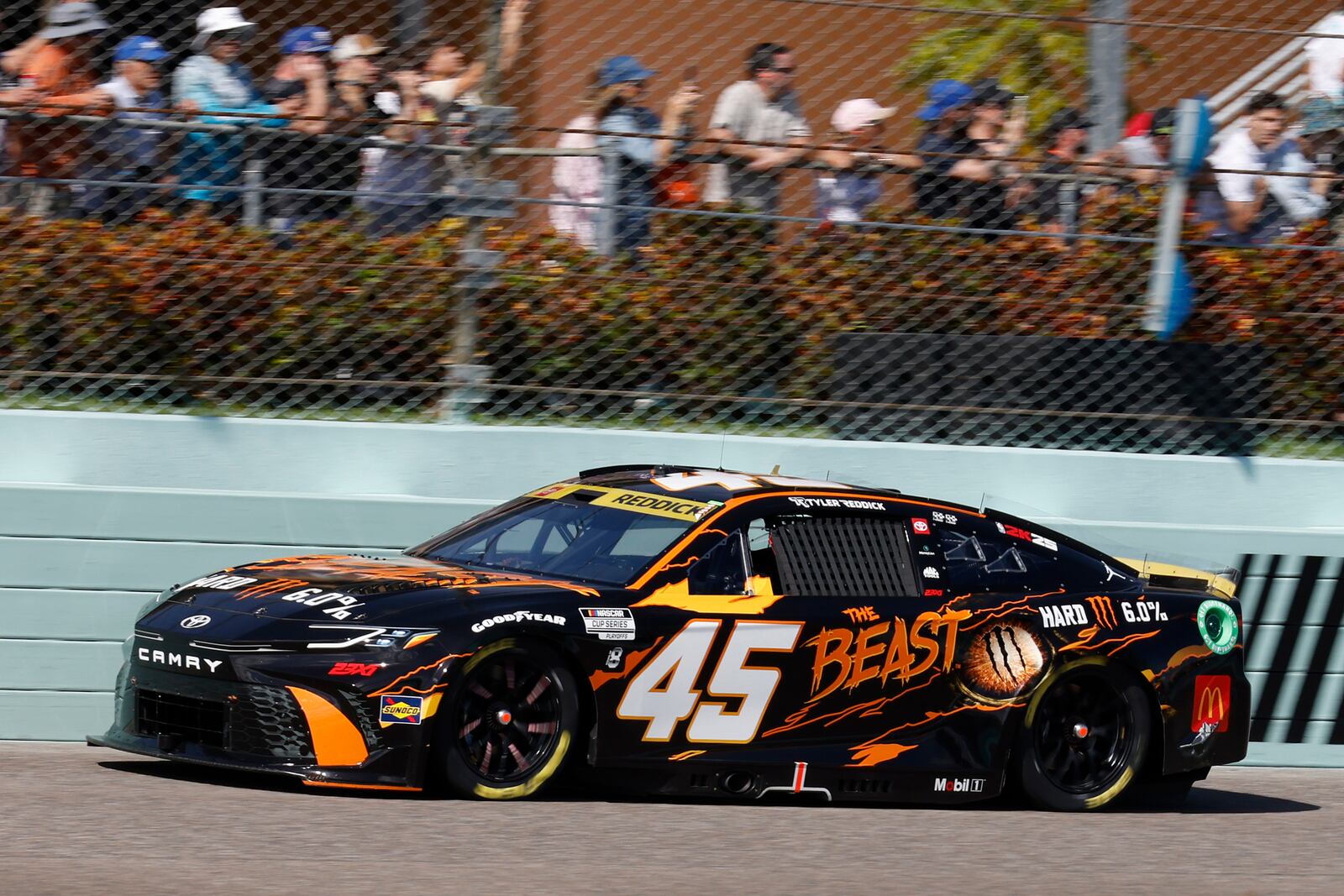 Tyler Reddick drives on track during the NASCAR Cup Series auto race at Homestead-Miami Speedway in Homestead, Fla., Sunday, Oct. 27, 2024. (AP Photo/Terry Renna)