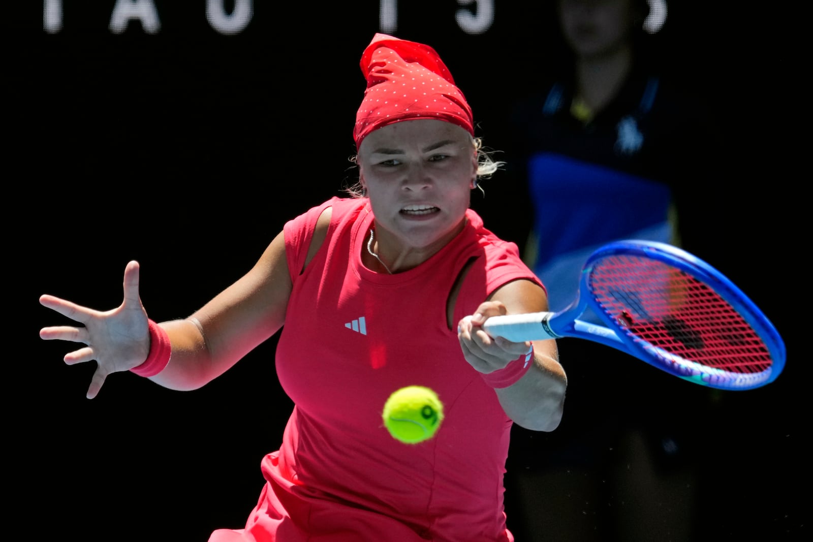 Diana Shnaider of Russia plays a forehand return to Donna Vekic of Croatia during their third round match at the Australian Open tennis championship in Melbourne, Australia, Friday, Jan. 17, 2025. (AP Photo/Vincent Thian)