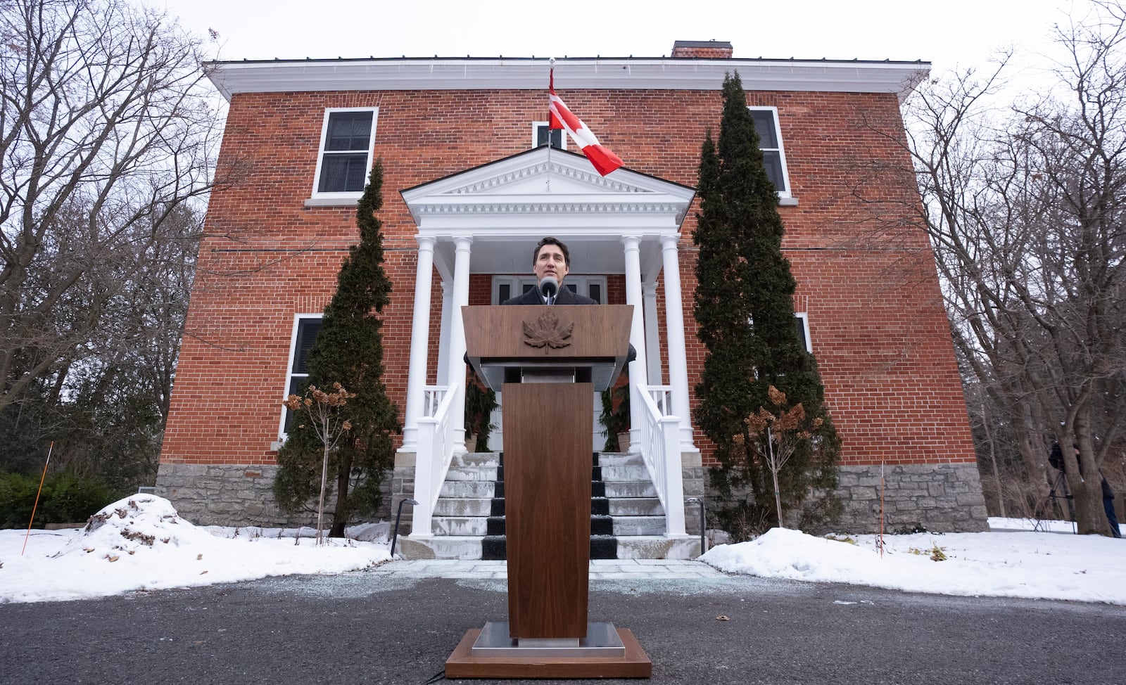 Canada Prime Minister Justin Trudeau speaks with media outside Rideau Cottage, Monday, Jan. 6, 2025 in Ottawa. (Adrian Wyld/The Canadian Press via AP)