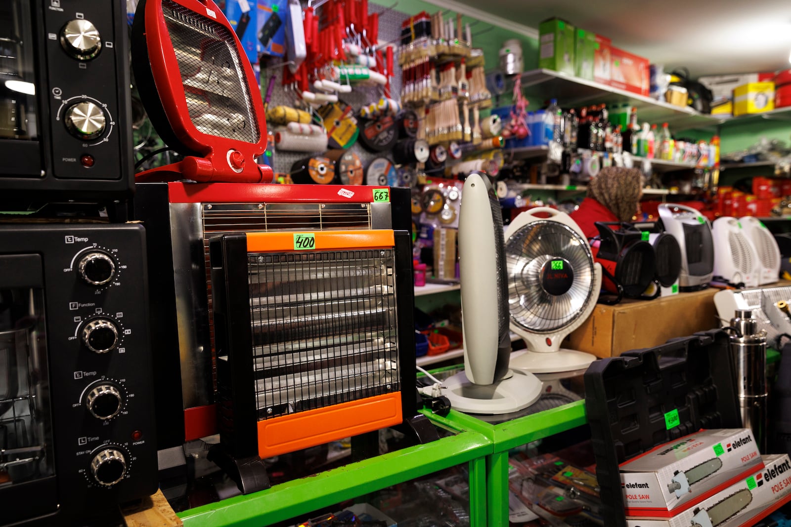 Electrical heaters on display in a village shop in Copanca, Moldova, Wednesday, Jan. 8, 2025. (AP Photo)