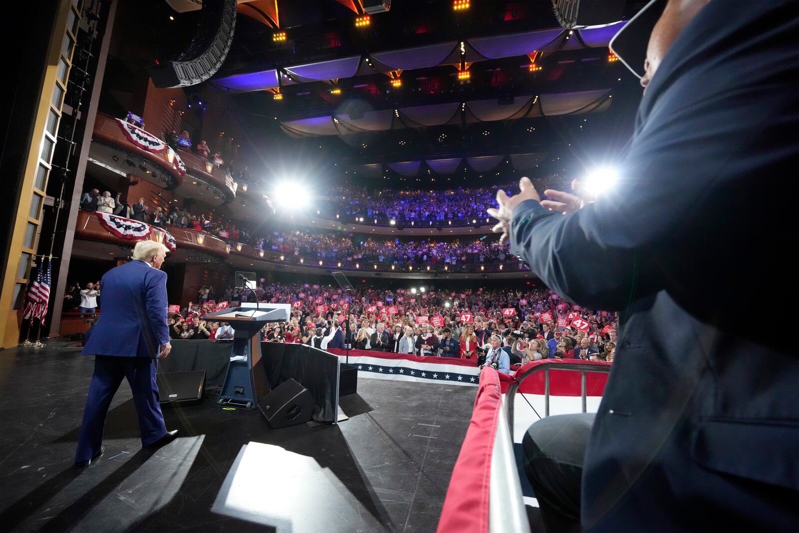 Republican presidential nominee former President Donald Trump arrives at a campaign event at the Cobb Energy Performing Arts Centre, Tuesday, Oct. 15, 2024, in Atlanta. (AP Photo/Alex Brandon)