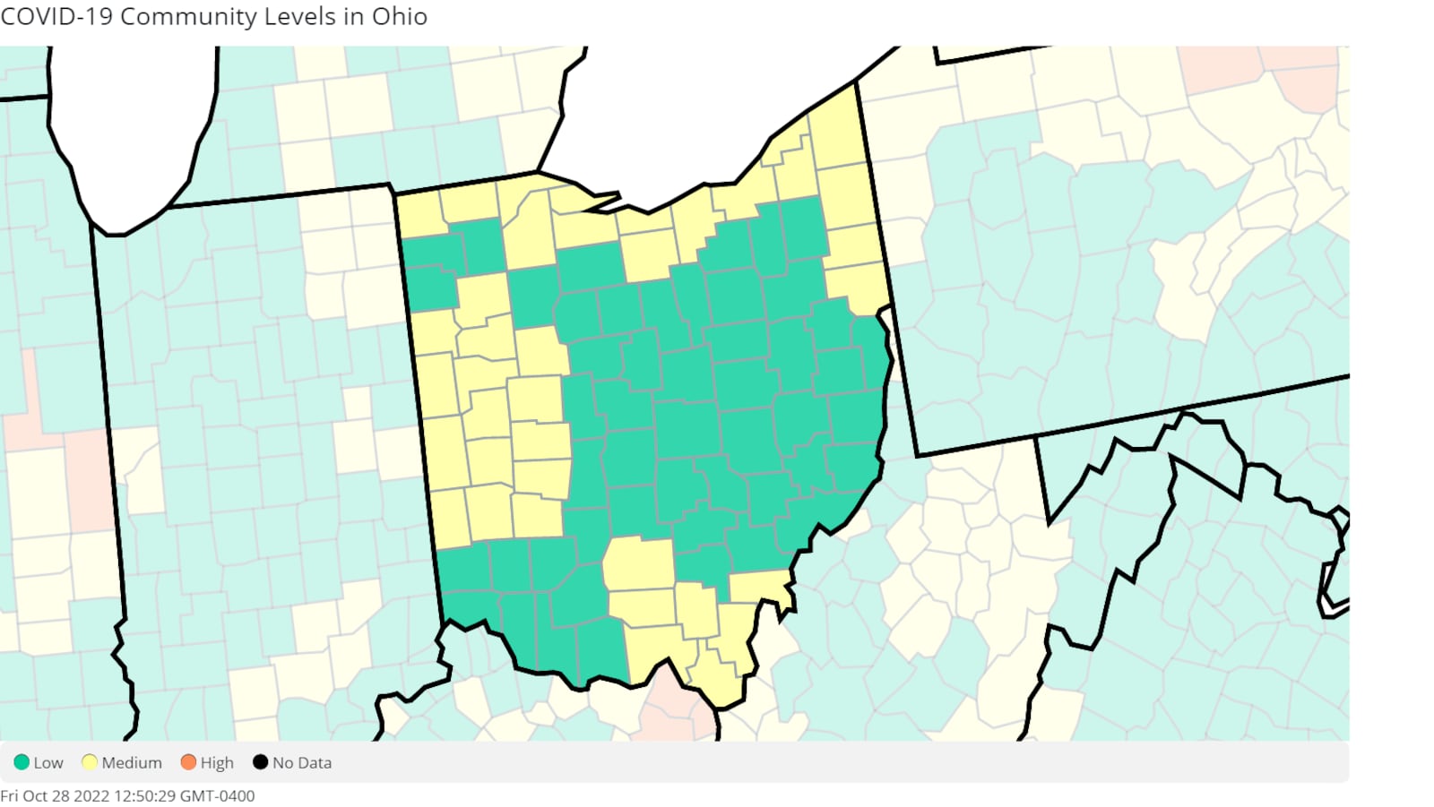 Ohio COVID community levels as of Oct. 28, 2022. Map courtesy the Centers for Disease Control and Prevention.