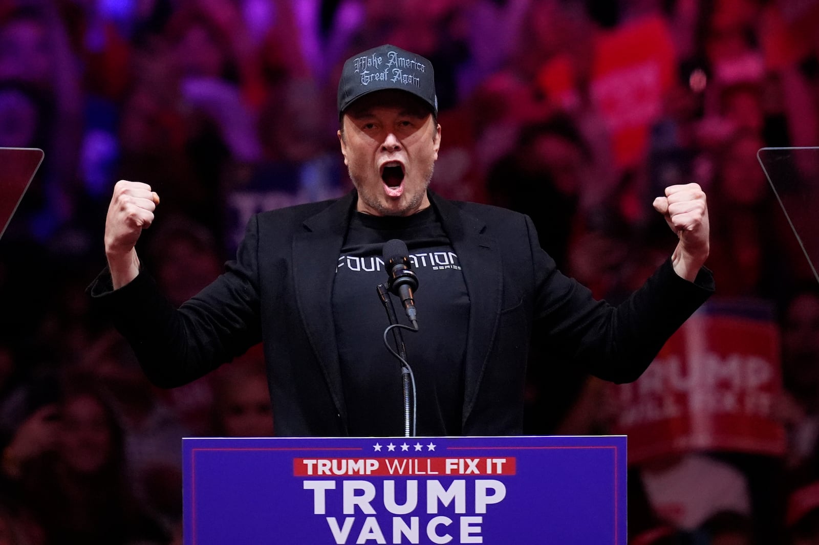 FILE - Elon Musk speaks before Republican presidential nominee former President Donald Trump at a campaign rally at Madison Square Garden, Sunday, Oct. 27, 2024, in New York. (AP Photo/Evan Vucci, File)