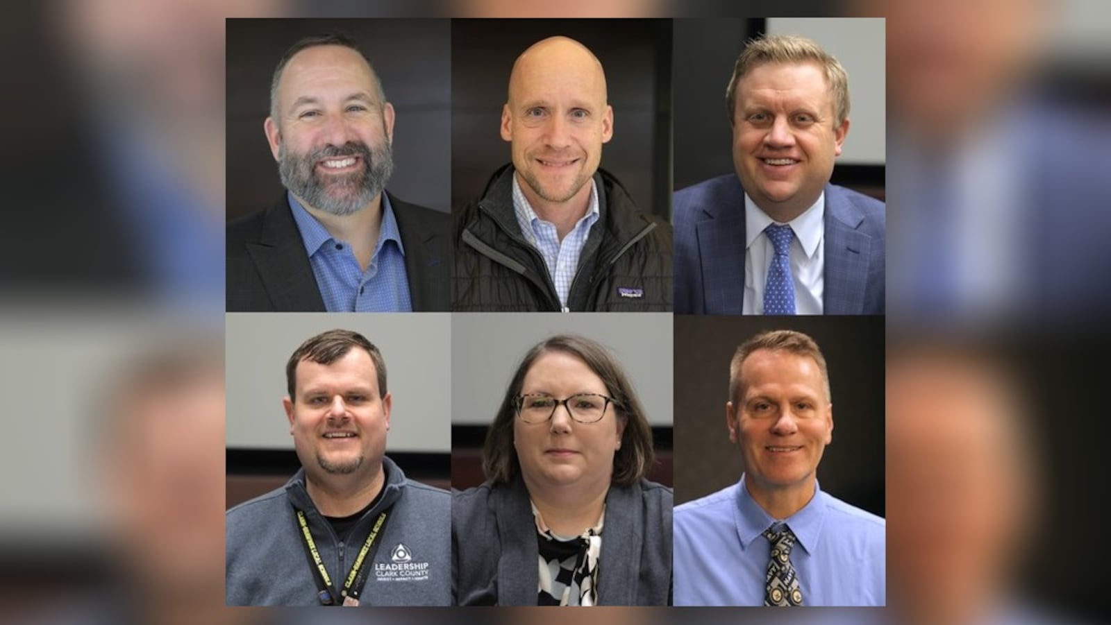 Clark County school superintendents: Springfield Superintendent Bob Hill (top left), Global Impact STEM Academy Superintendent Josh Jennings (top middle), Greenon Superintendent Darrin Knapke (top right), Clark-Shawnee Superintendent Brian Kuhn (bottom left), CTC Communications Coordinator Alicia Rittenhouse (bottom middle), and Southeastern Superintendent David Shea (bottom right). BILLL LACKEY/STAFF