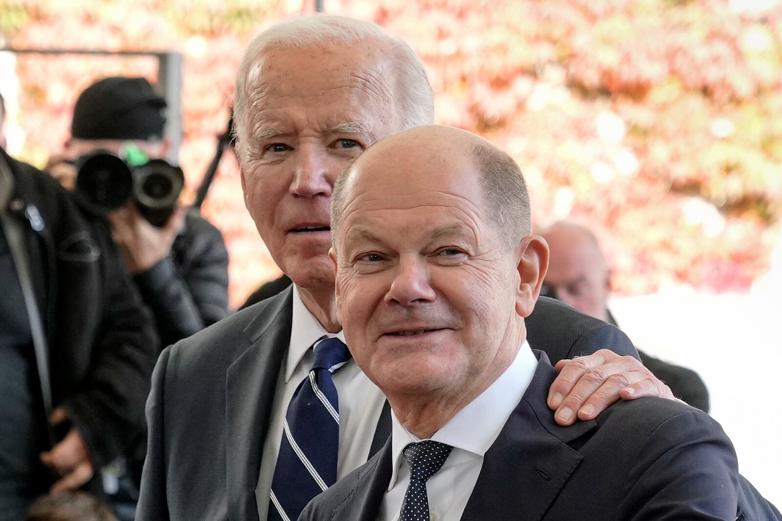 FILE - President Joe Biden puts his hand on the shoulder of German Chancellor Olaf Scholz at the Chancellery in Berlin, Germany, on Oct. 18, 2024. (AP Photo/Markus Schreiber, File)