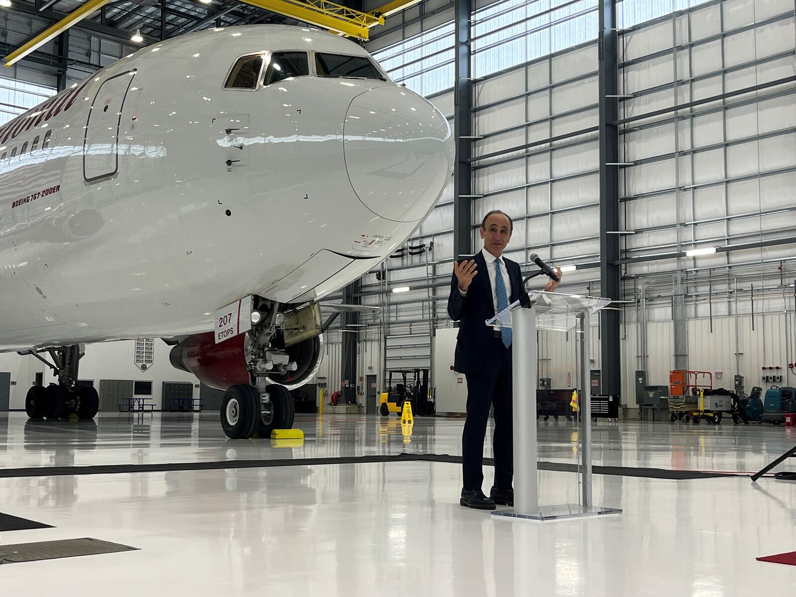 Fatih Ozmen, CEO and co-owner of Sierra Nevada Corp., speaks at a ribbon-cutting event for a new maintenance, repair and overhaul facility at the Dayton International Airport on Wednesday, Feb. 8, 2023. CORNELIUS FROLIK / STAFF