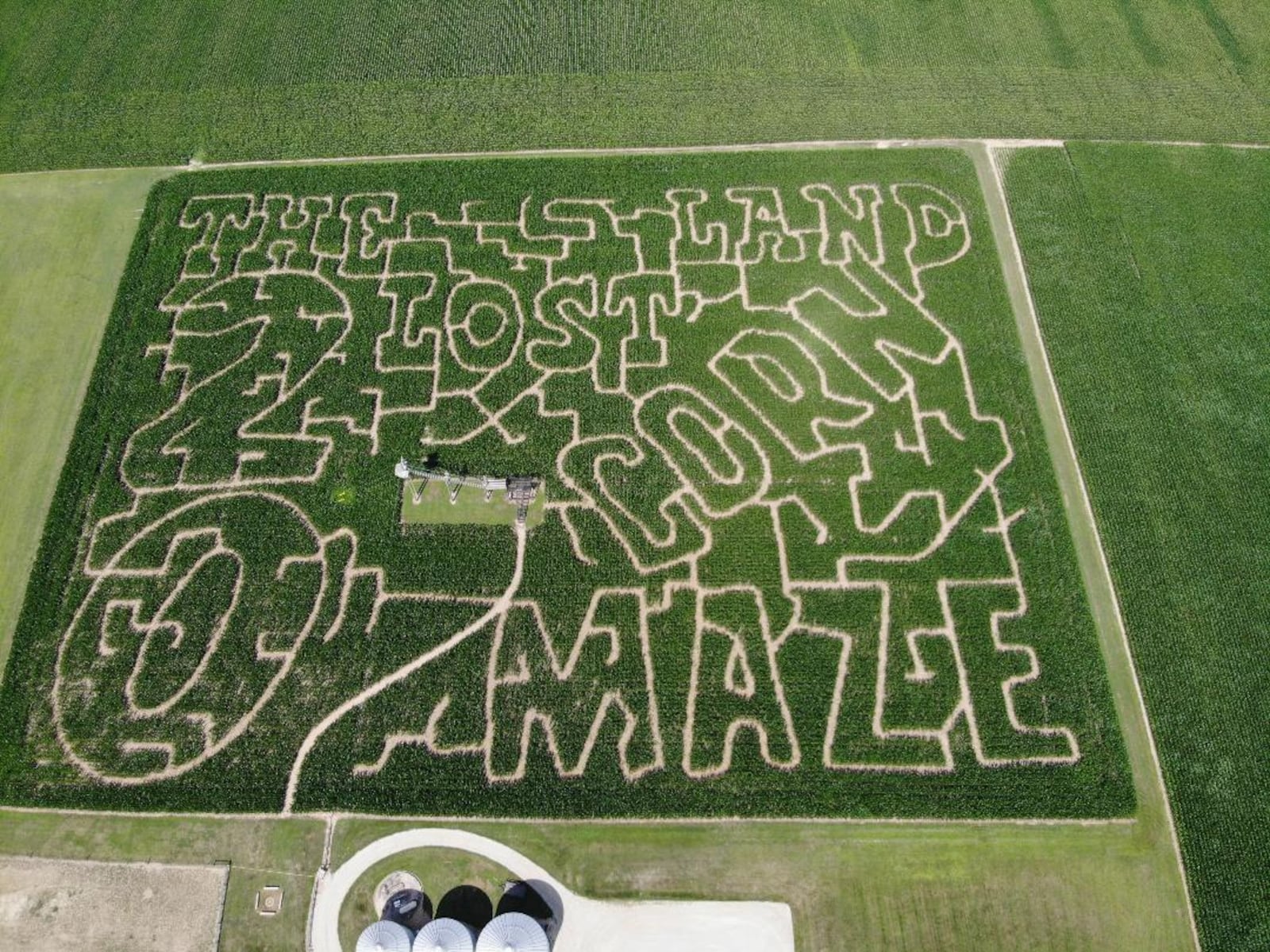 An aerial shot of VanDemark Farm's Lostland Corn Maze.